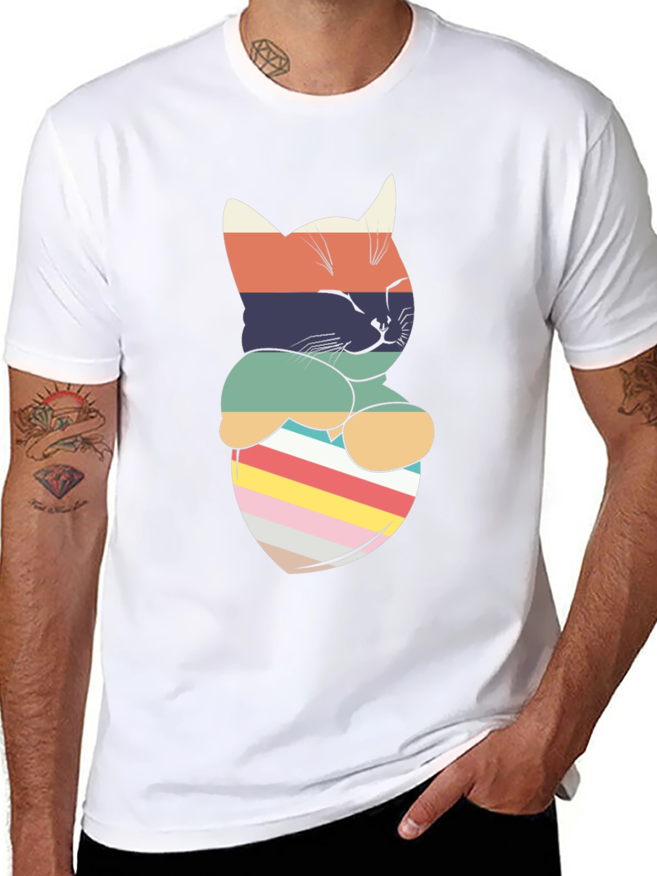 Retro Striped Cat Pocket T-Shirt
