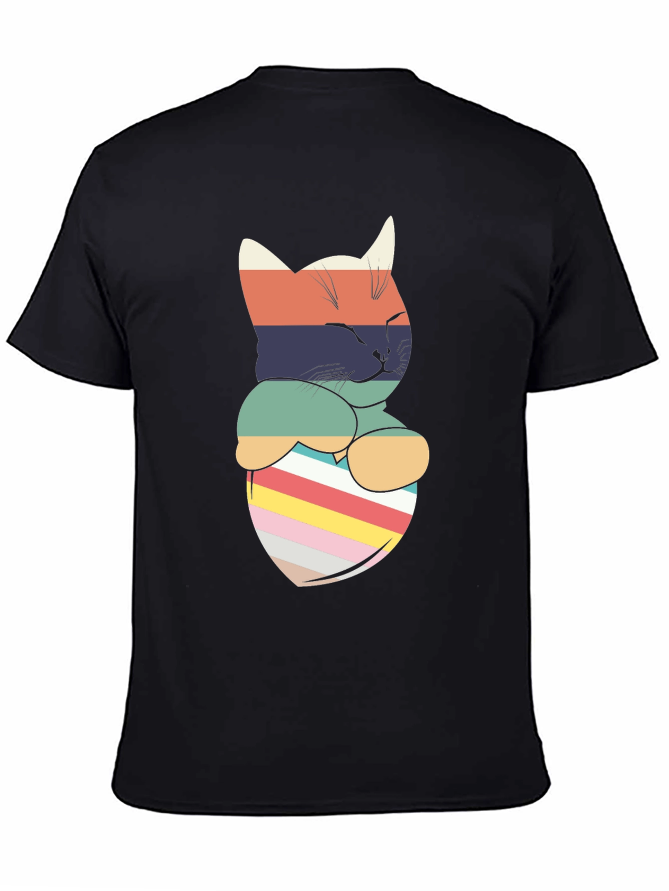 Retro Striped Cat Pocket T-Shirt