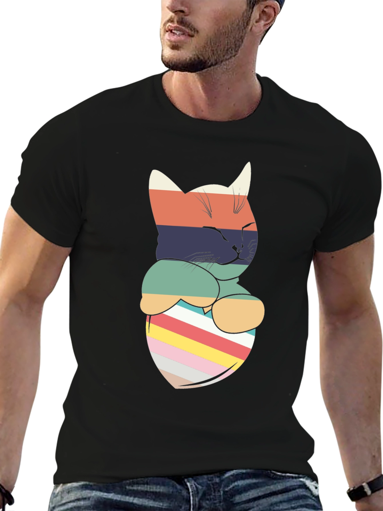 Retro Striped Cat Pocket T-Shirt