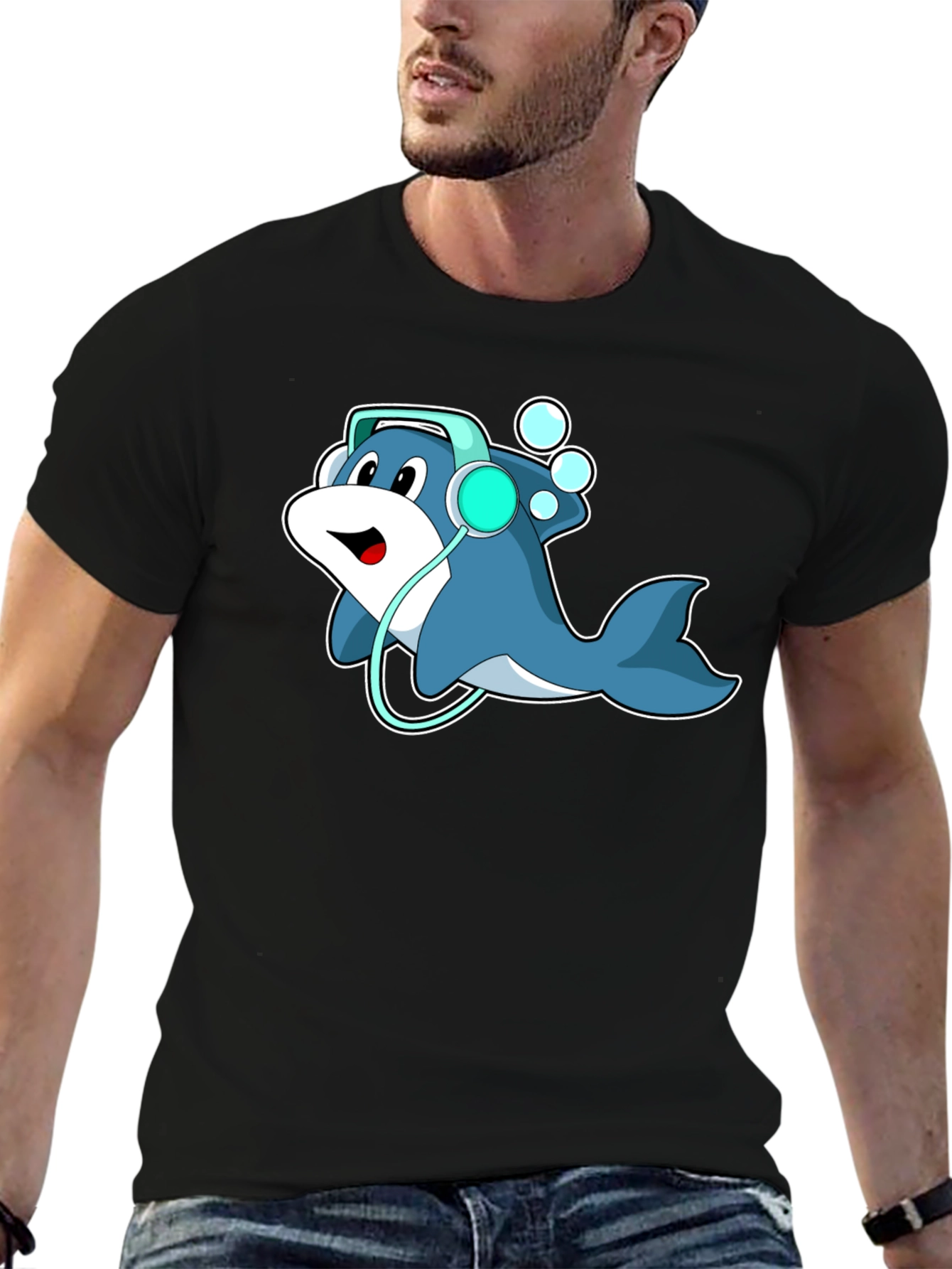 Cartoon Dolphin Headphone Graphic Tee