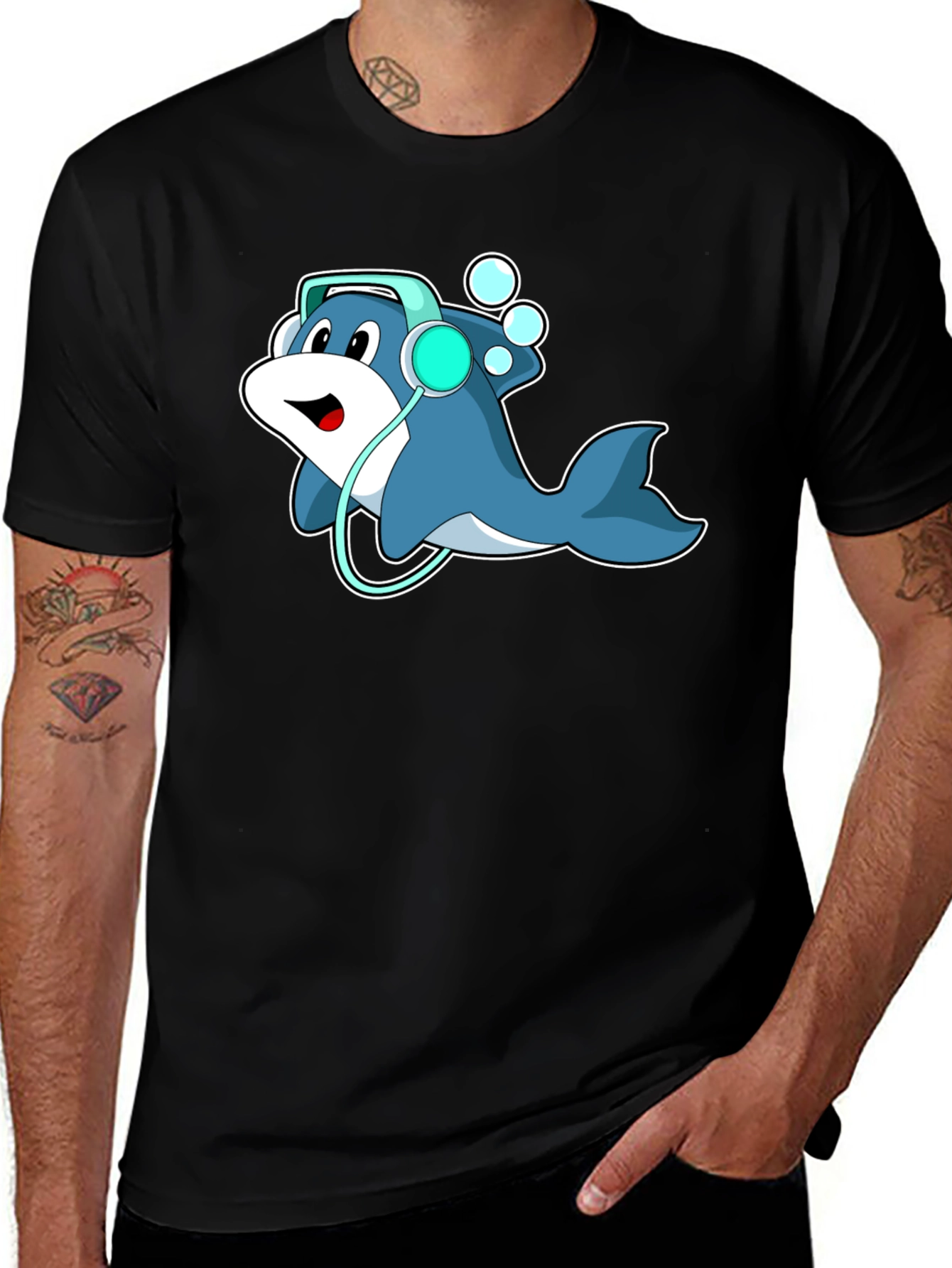 Cartoon Dolphin Headphone Graphic Tee