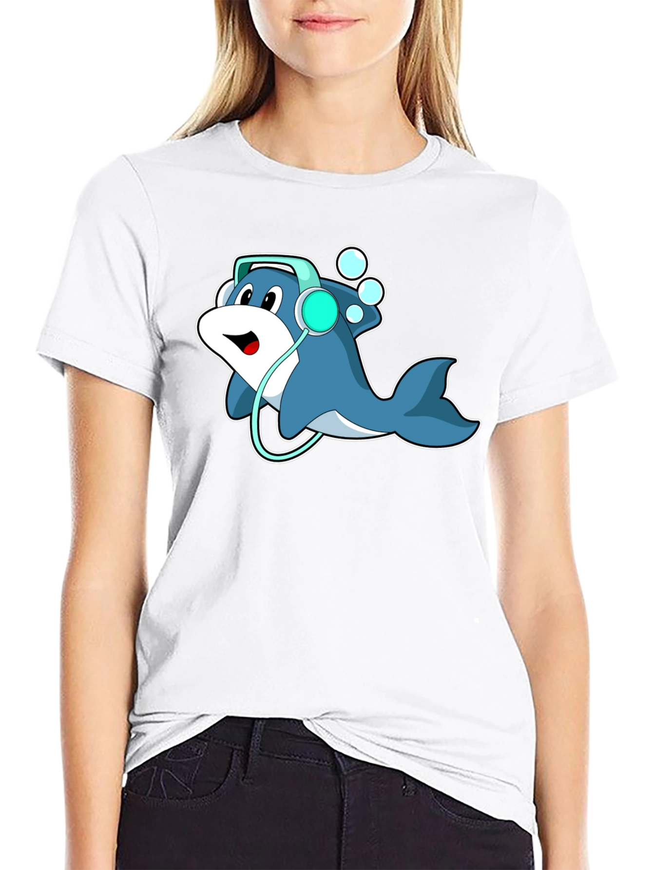 Cartoon Dolphin Headphone Graphic Tee