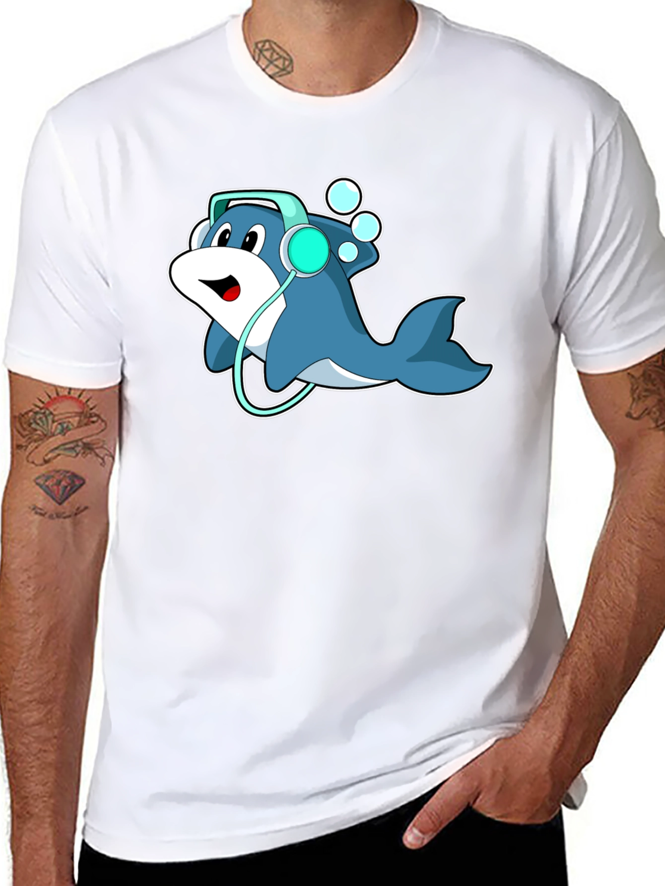 Cartoon Dolphin Headphone Graphic Tee