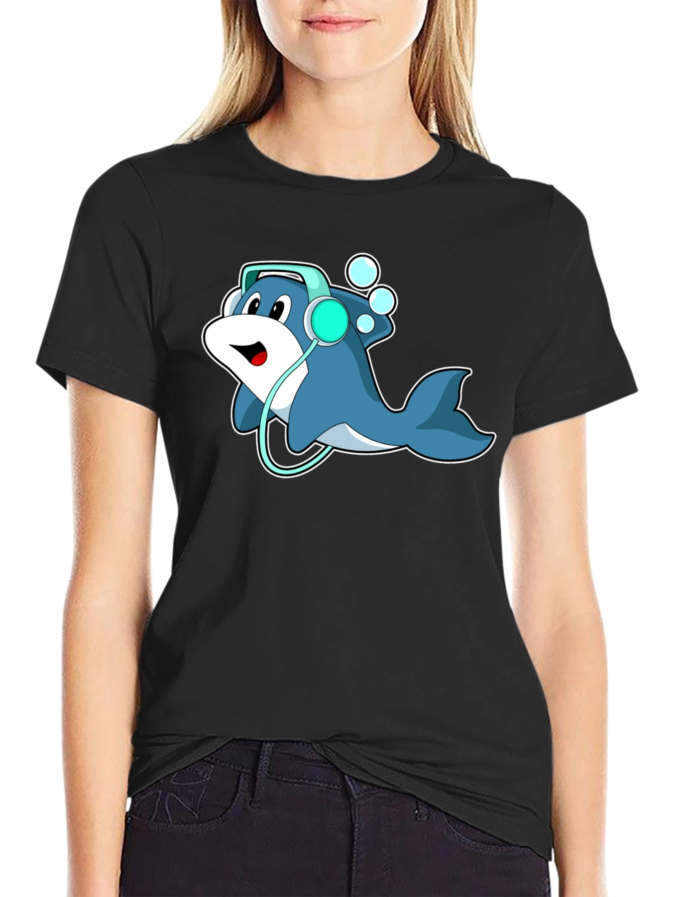 Cartoon Dolphin Headphone Graphic Tee