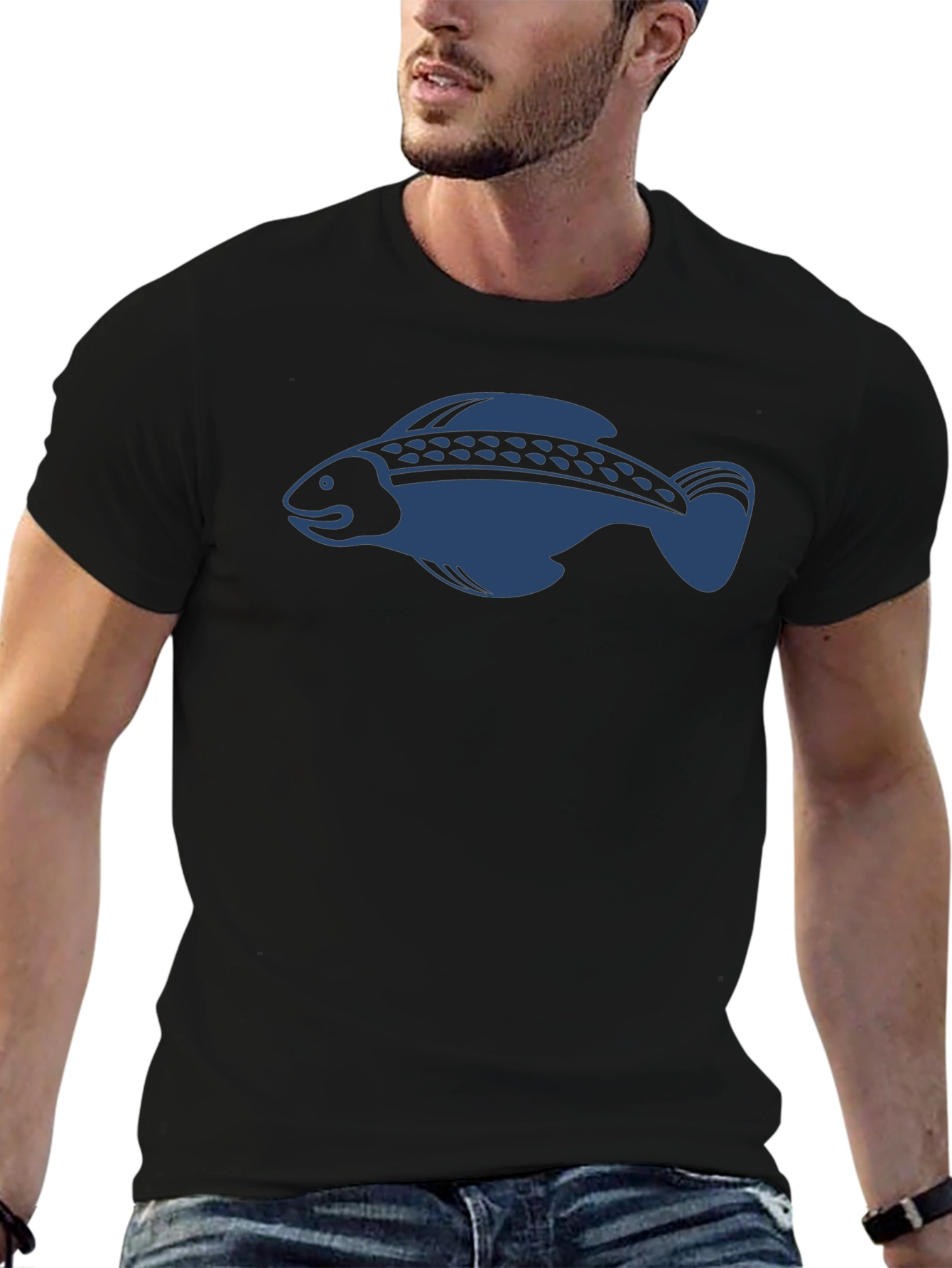 Mens Black T-Shirt with Fish Design
