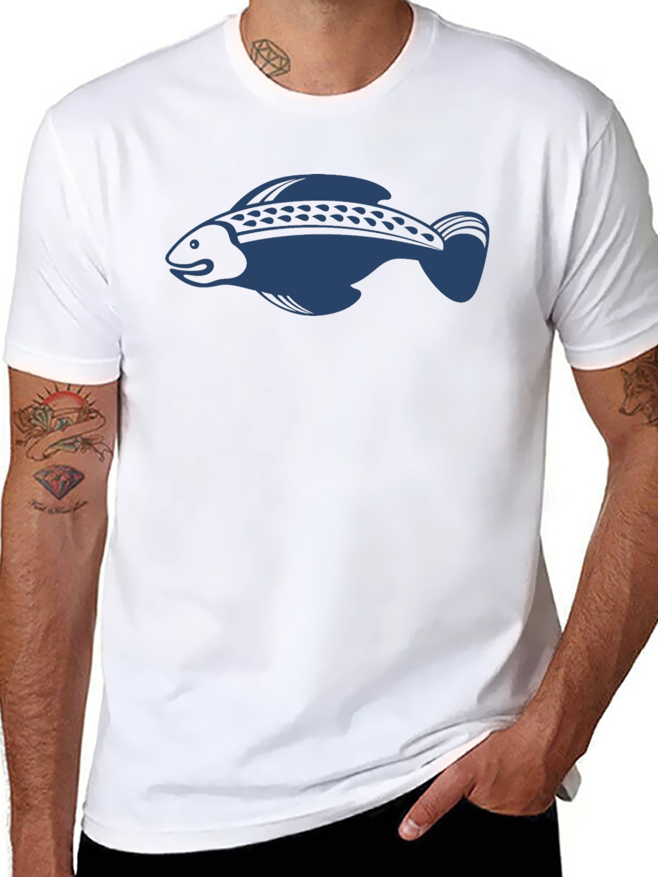 Mens Black T-Shirt with Fish Design