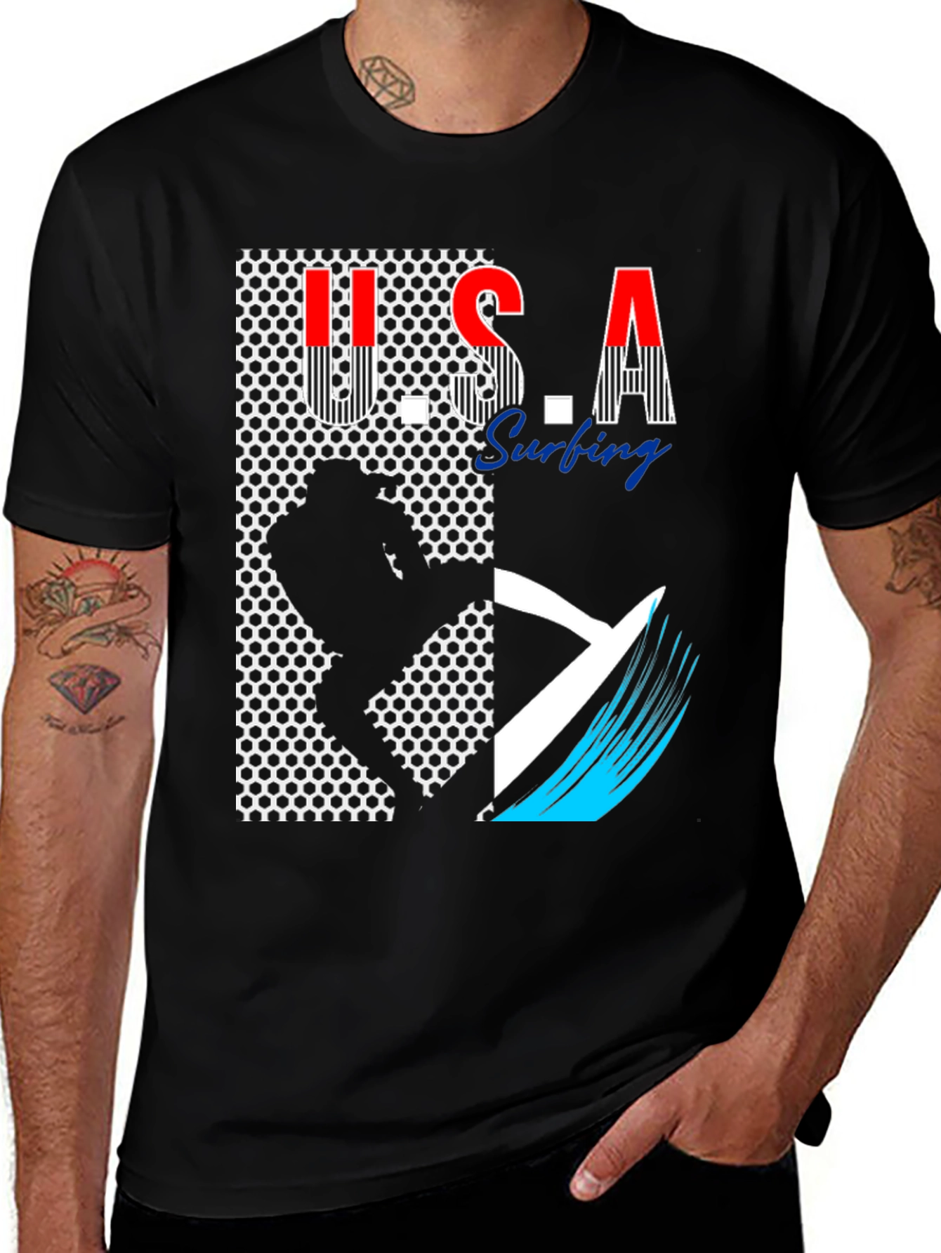 USA Surfing Graphic Tee - Stylish Black T-Shirt