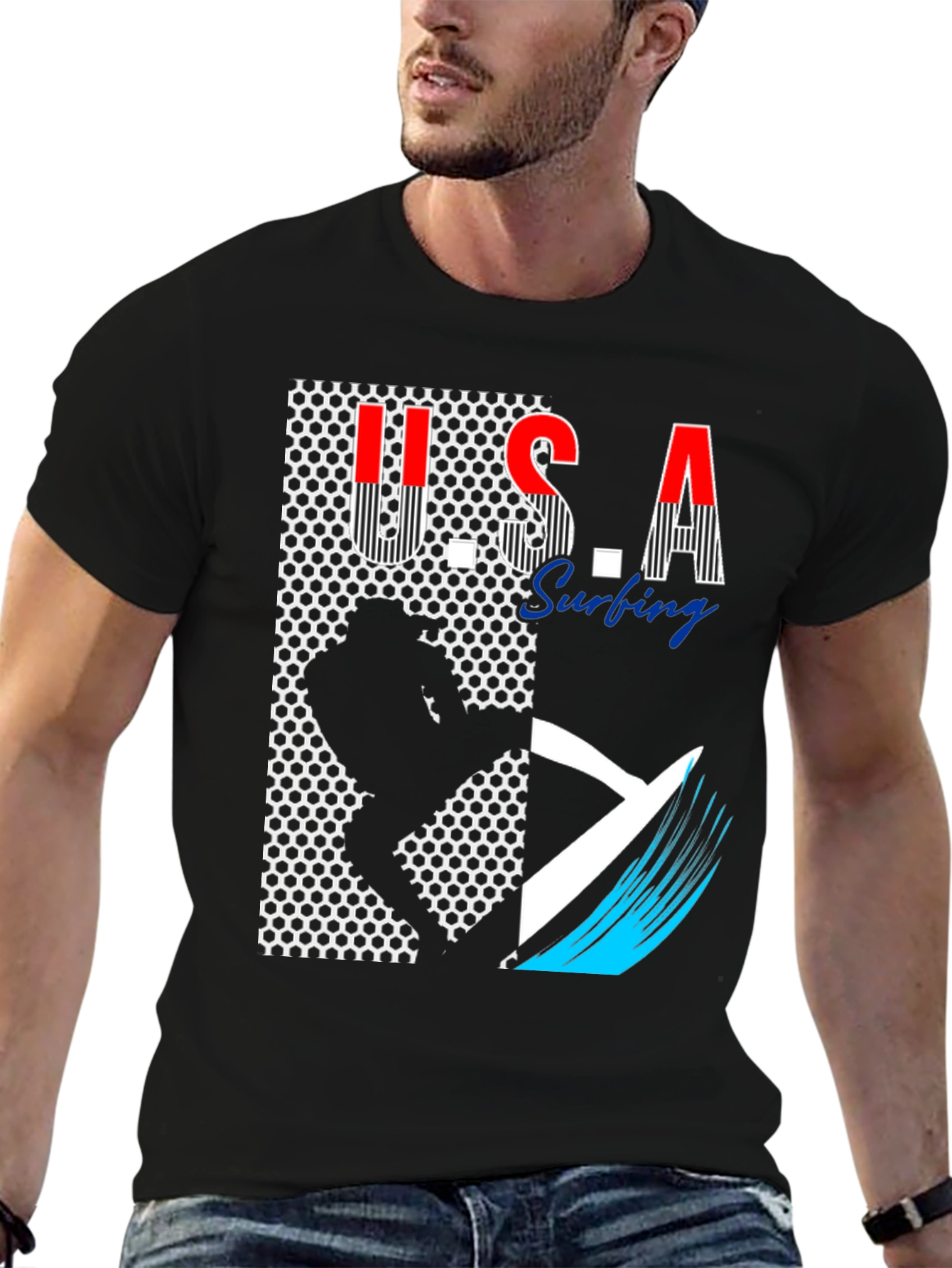 USA Surfing Graphic Tee - Stylish Black T-Shirt