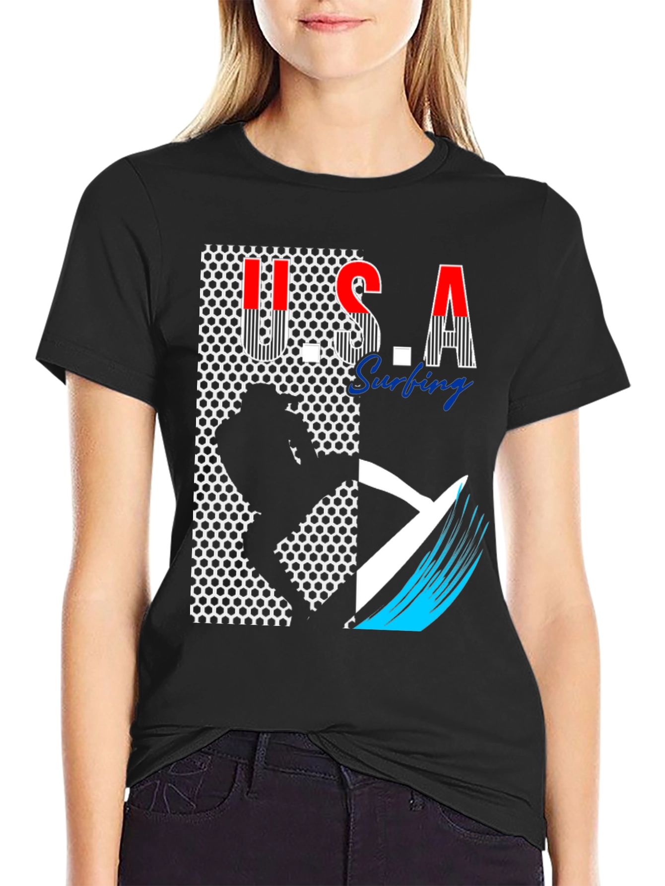 USA Surfing Graphic Tee - Stylish Black T-Shirt