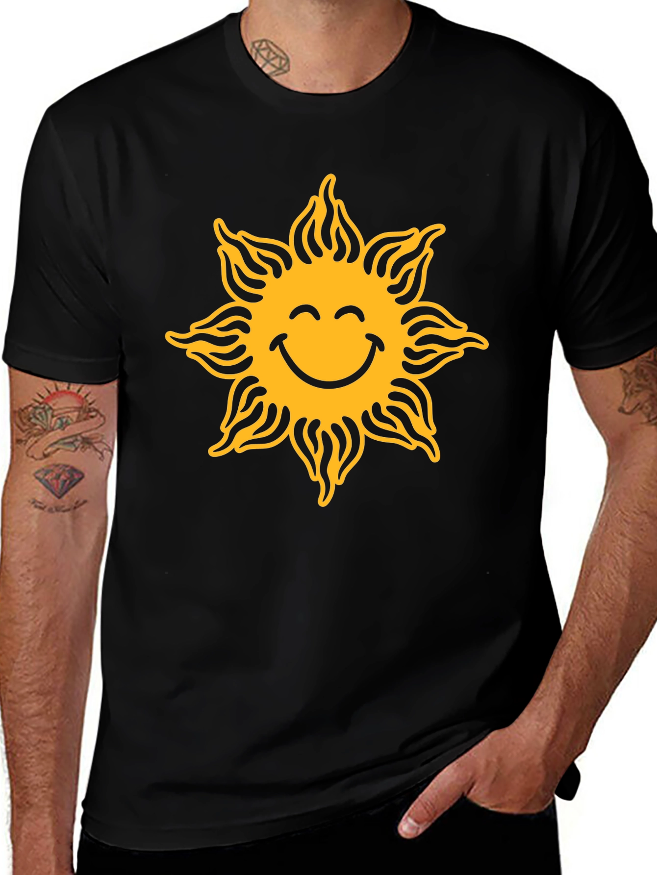 Smiling Sun Graphic Tee - Black Cotton Casual Shirt