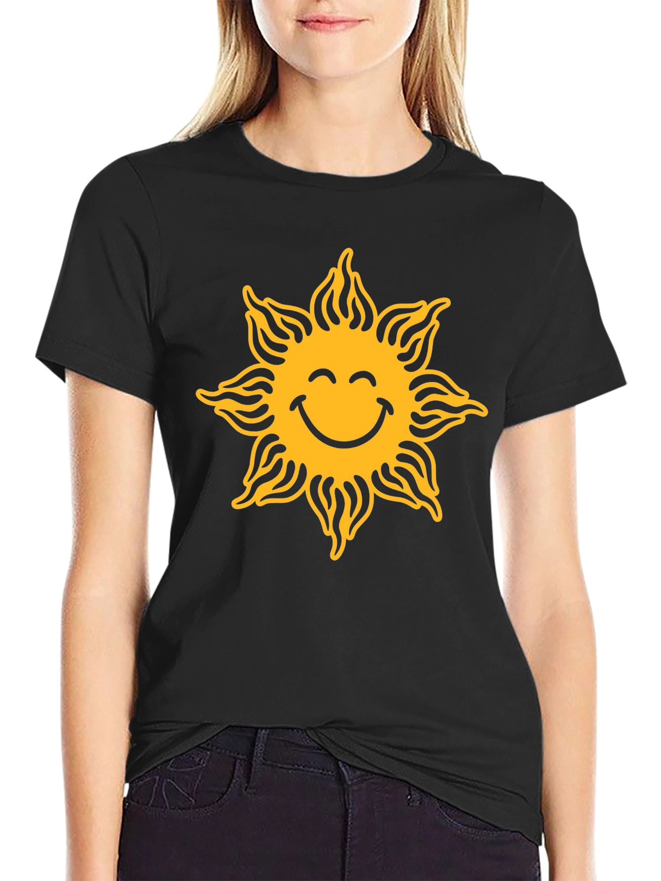 Smiling Sun Graphic Tee - Black Cotton Casual Shirt