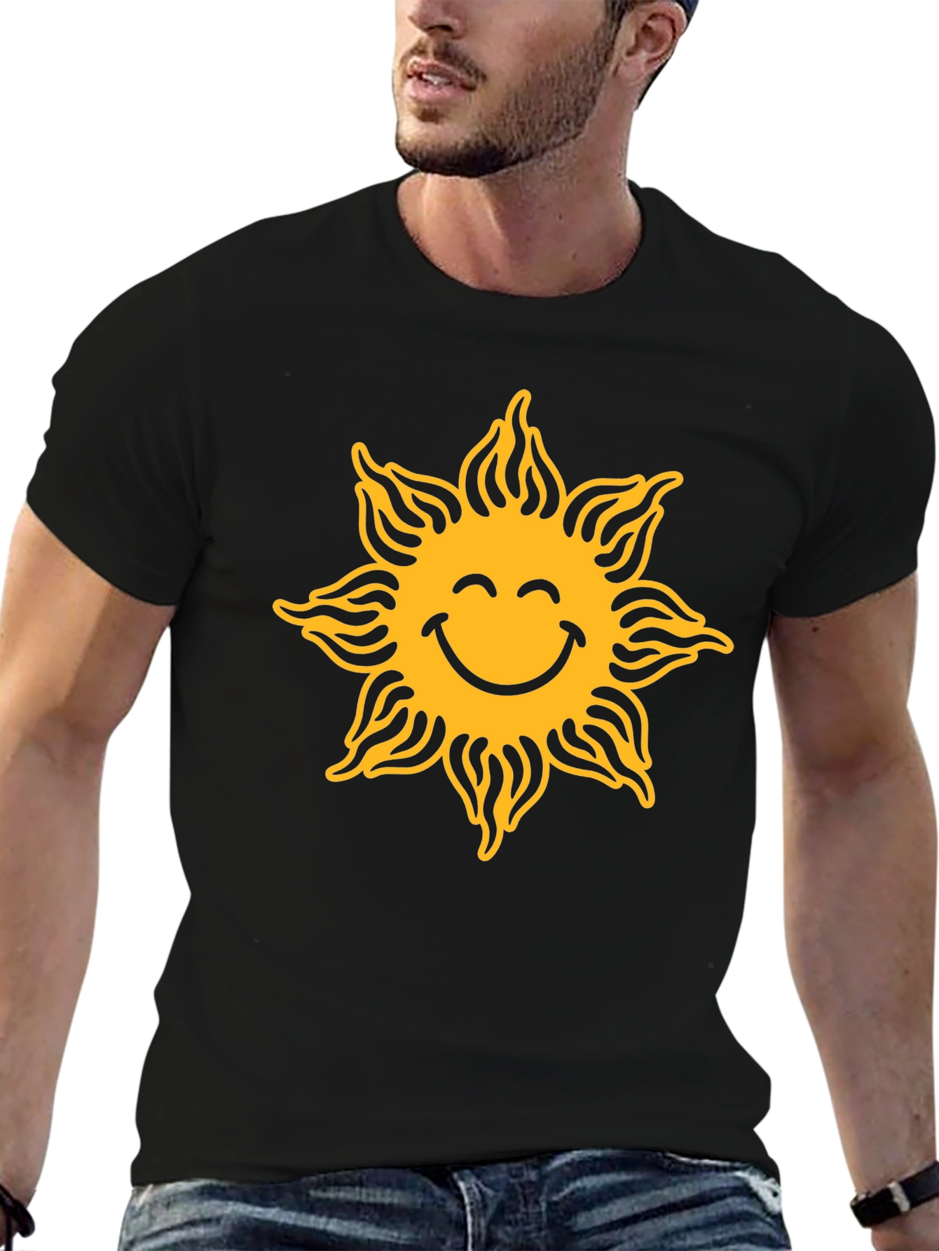 Smiling Sun Graphic Tee - Black Cotton Casual Shirt