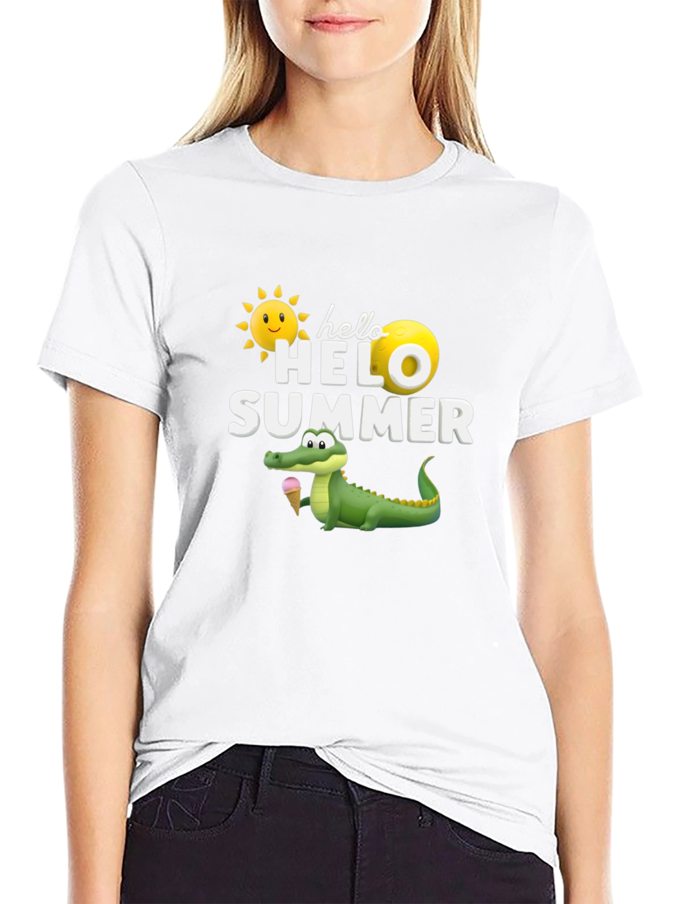 Hello Summer Graphic T-Shirt Alligator Ice Cream Tee
