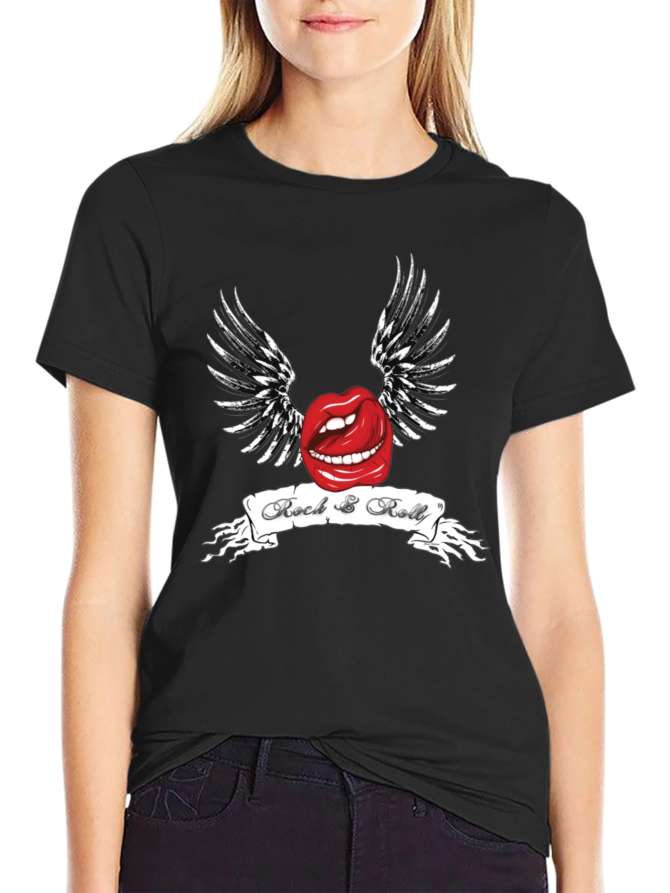 Rock & Roll Lips Graphic Black T-Shirt
