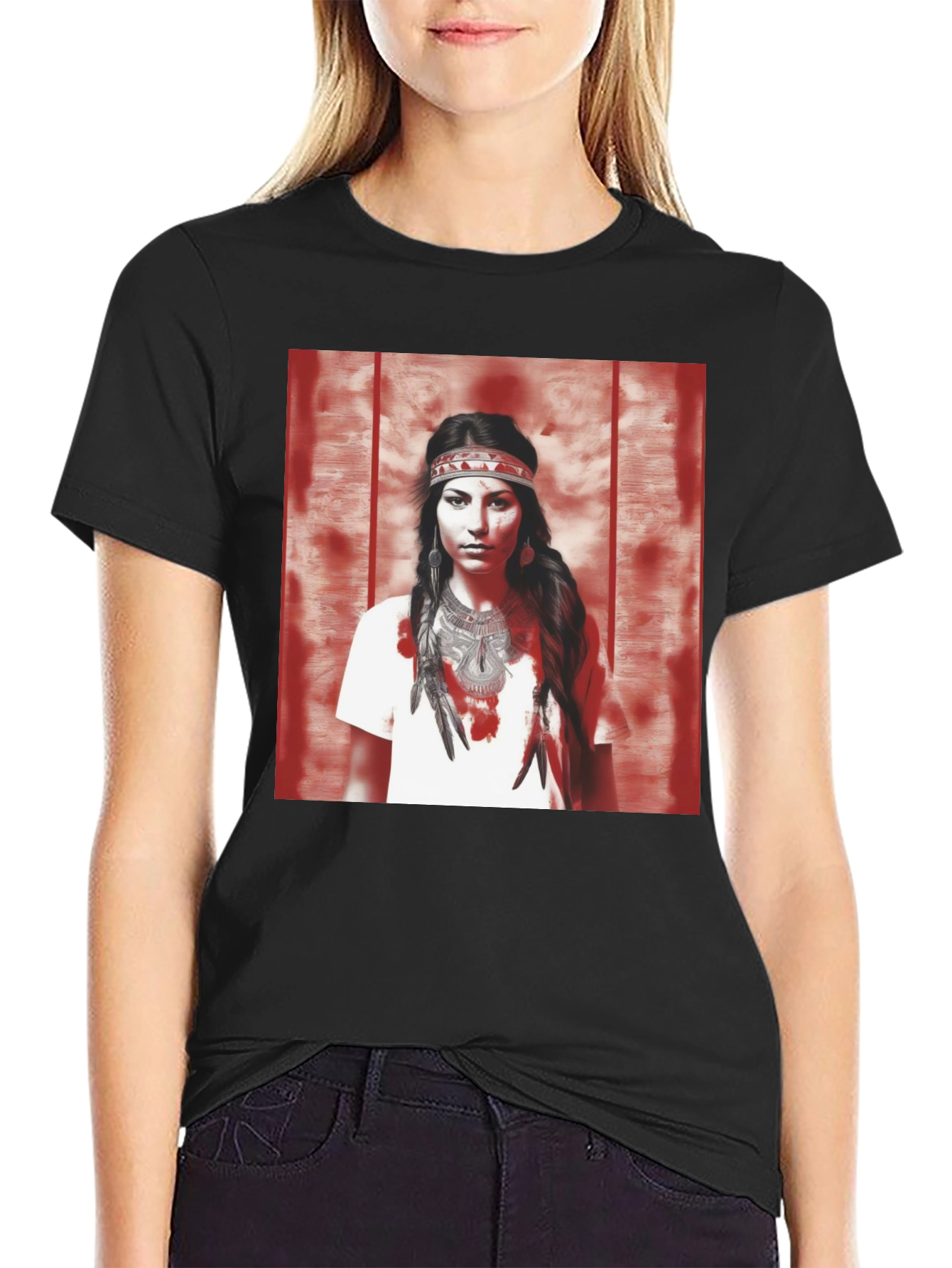 Native American Woman Graphic T-Shirt - Black