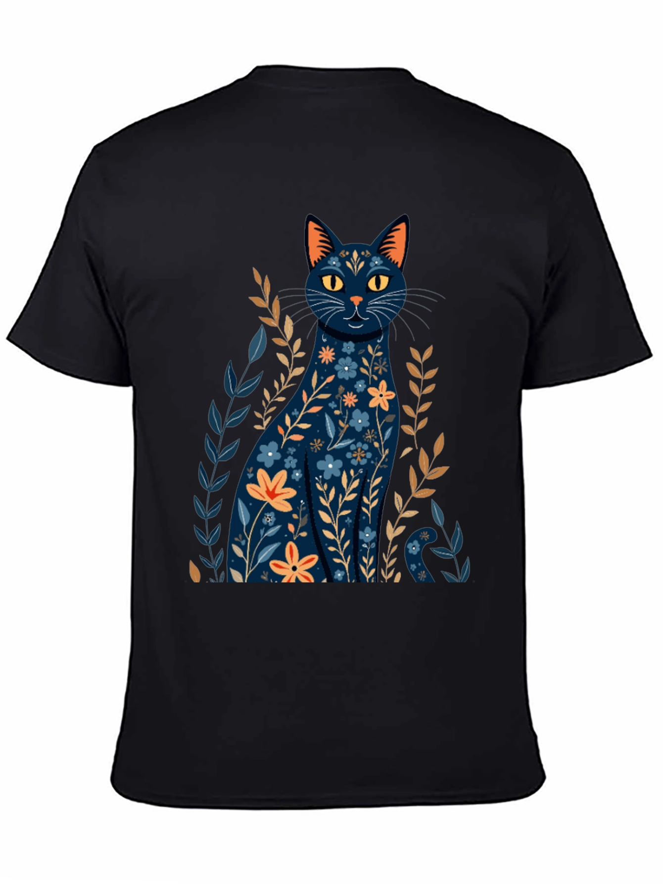 Floral Cat Graphic T-Shirt - Stylish Black Tee