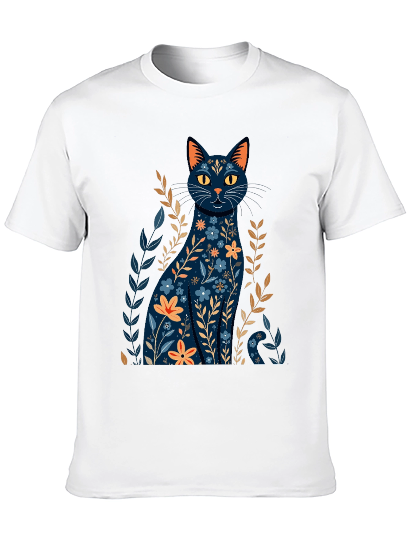Floral Cat Graphic T-Shirt - Stylish Black Tee