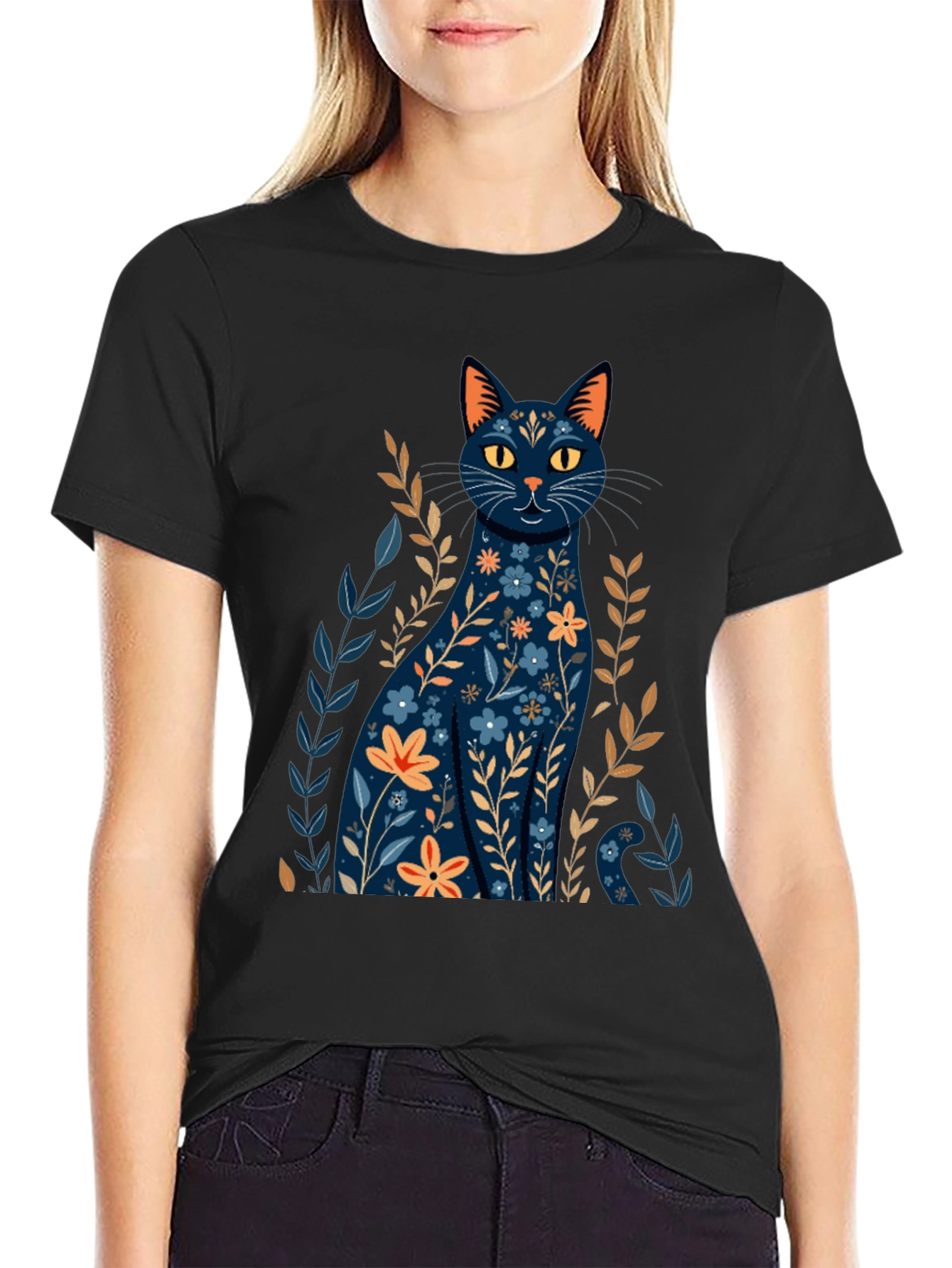 Floral Cat Graphic T-Shirt - Stylish Black Tee