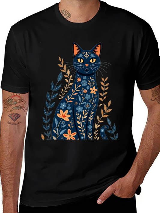 Floral Cat Graphic T-Shirt - Stylish Black Tee
