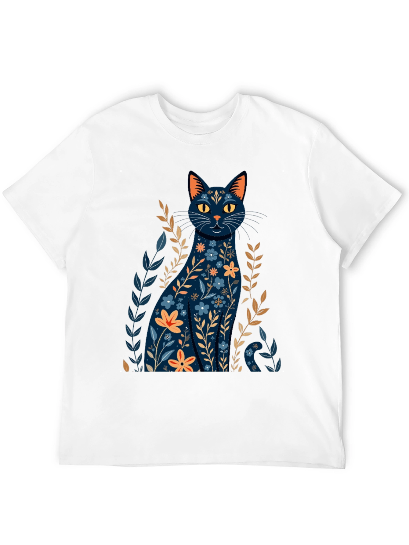 Floral Cat Graphic T-Shirt - Stylish Black Tee