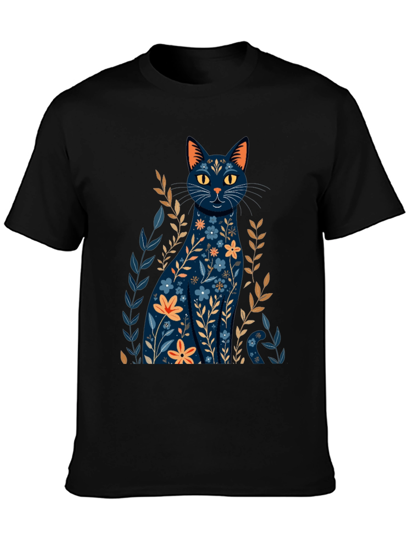 Floral Cat Graphic T-Shirt - Stylish Black Tee