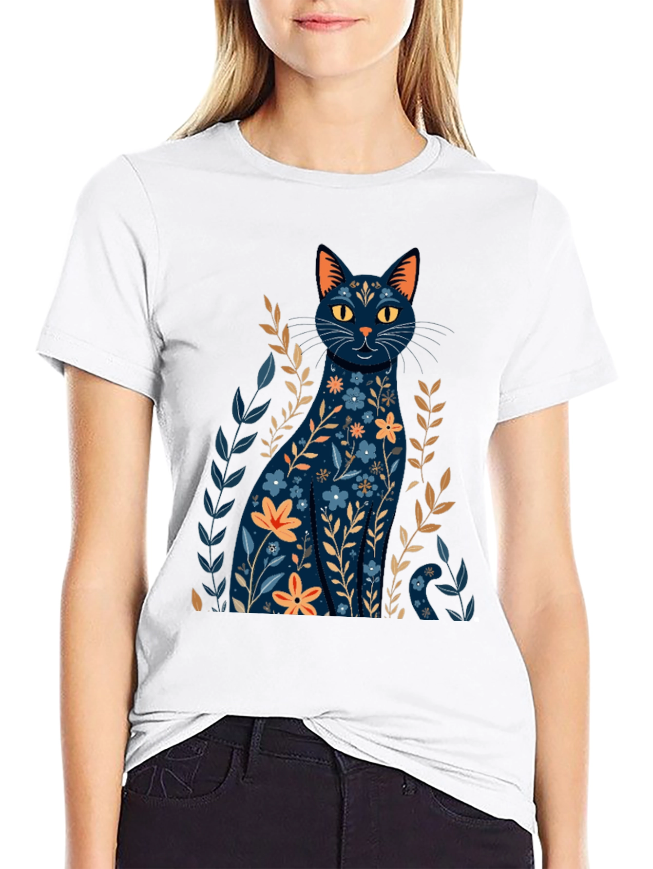Floral Cat Graphic T-Shirt - Stylish Black Tee