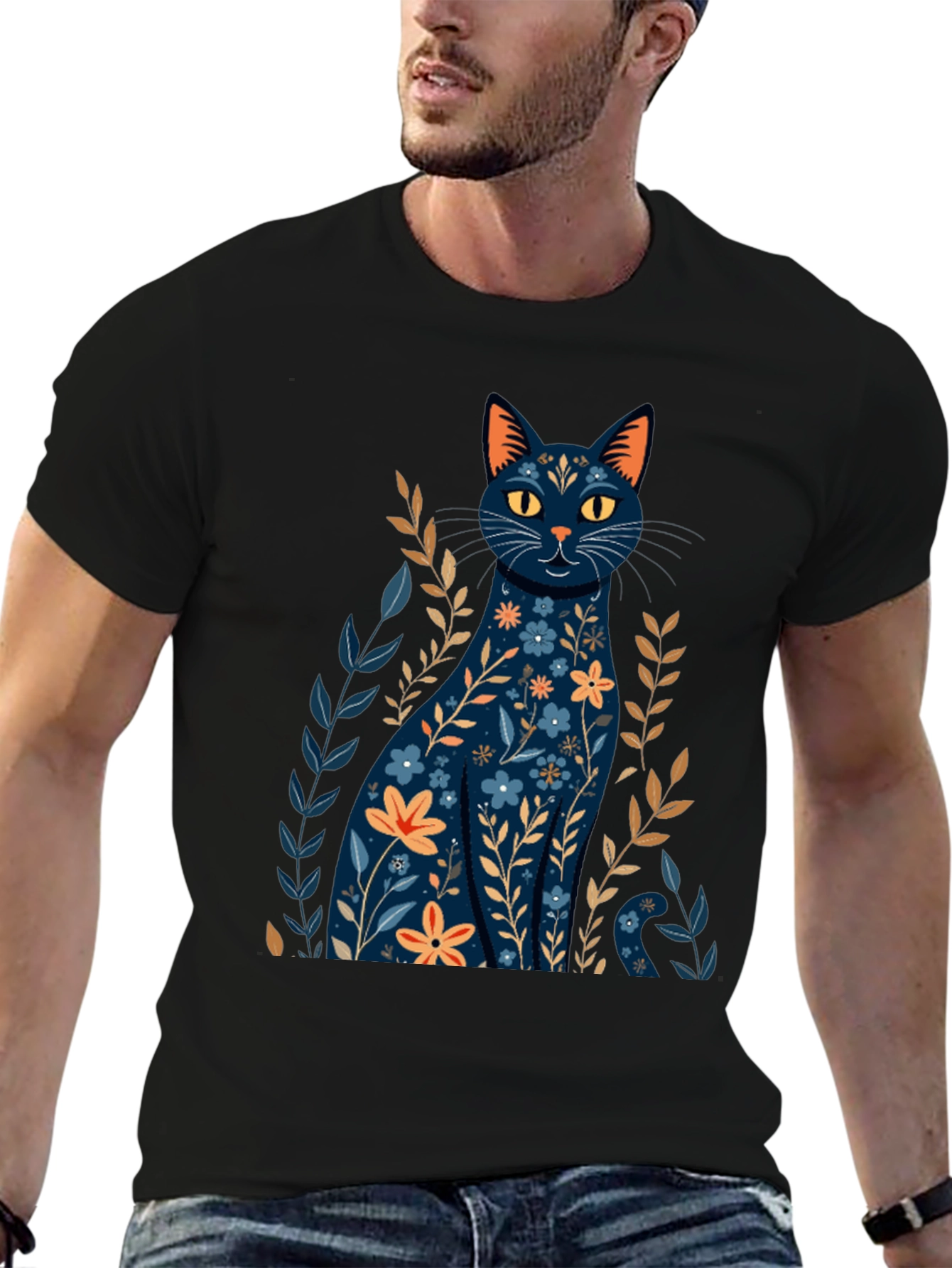 Floral Cat Graphic T-Shirt - Stylish Black Tee