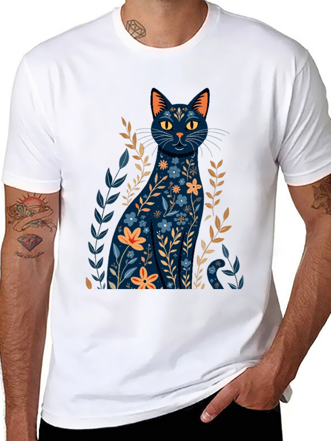 Floral Cat Graphic T-Shirt - Stylish Black Tee
