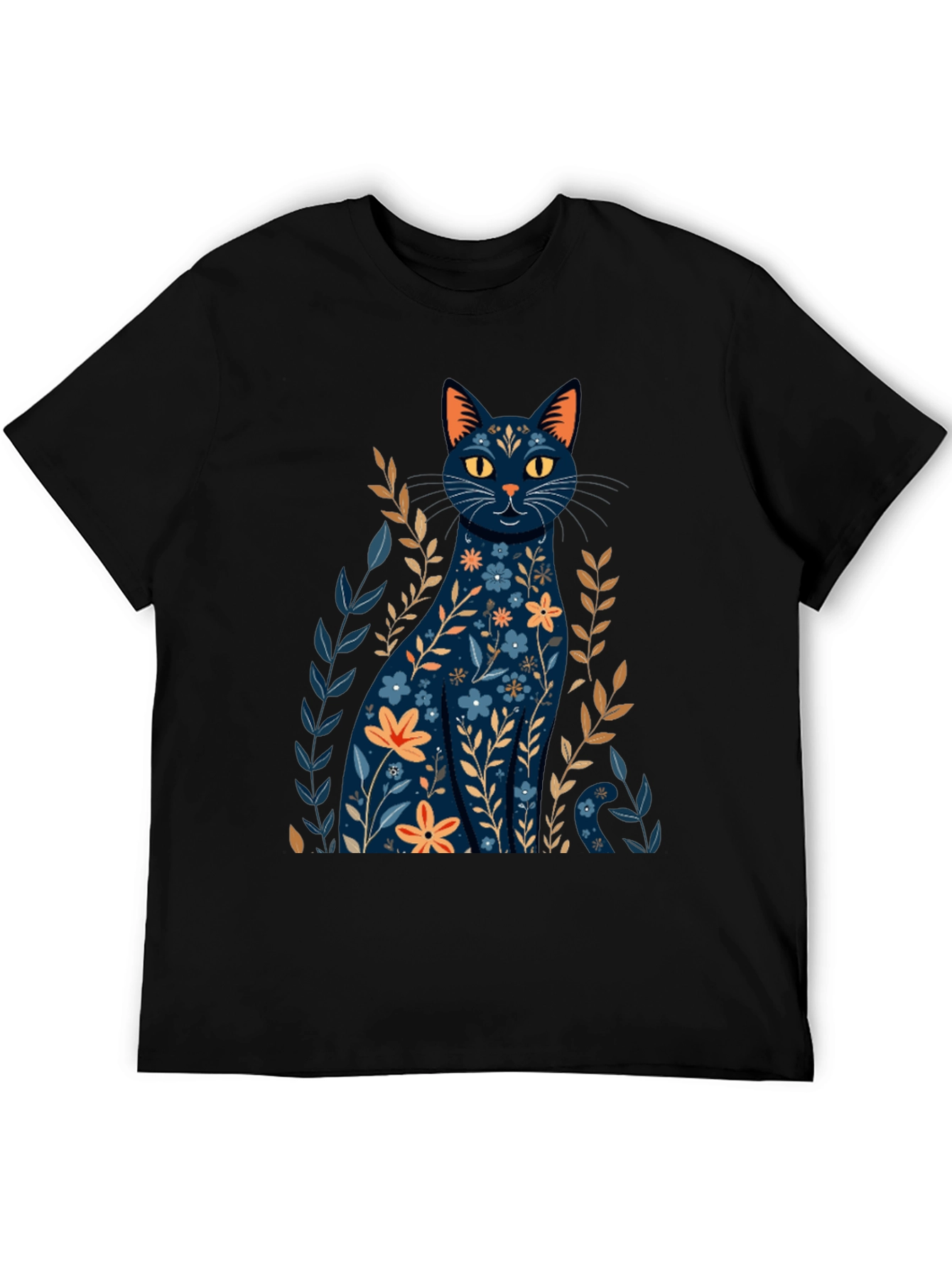 Floral Cat Graphic T-Shirt - Stylish Black Tee