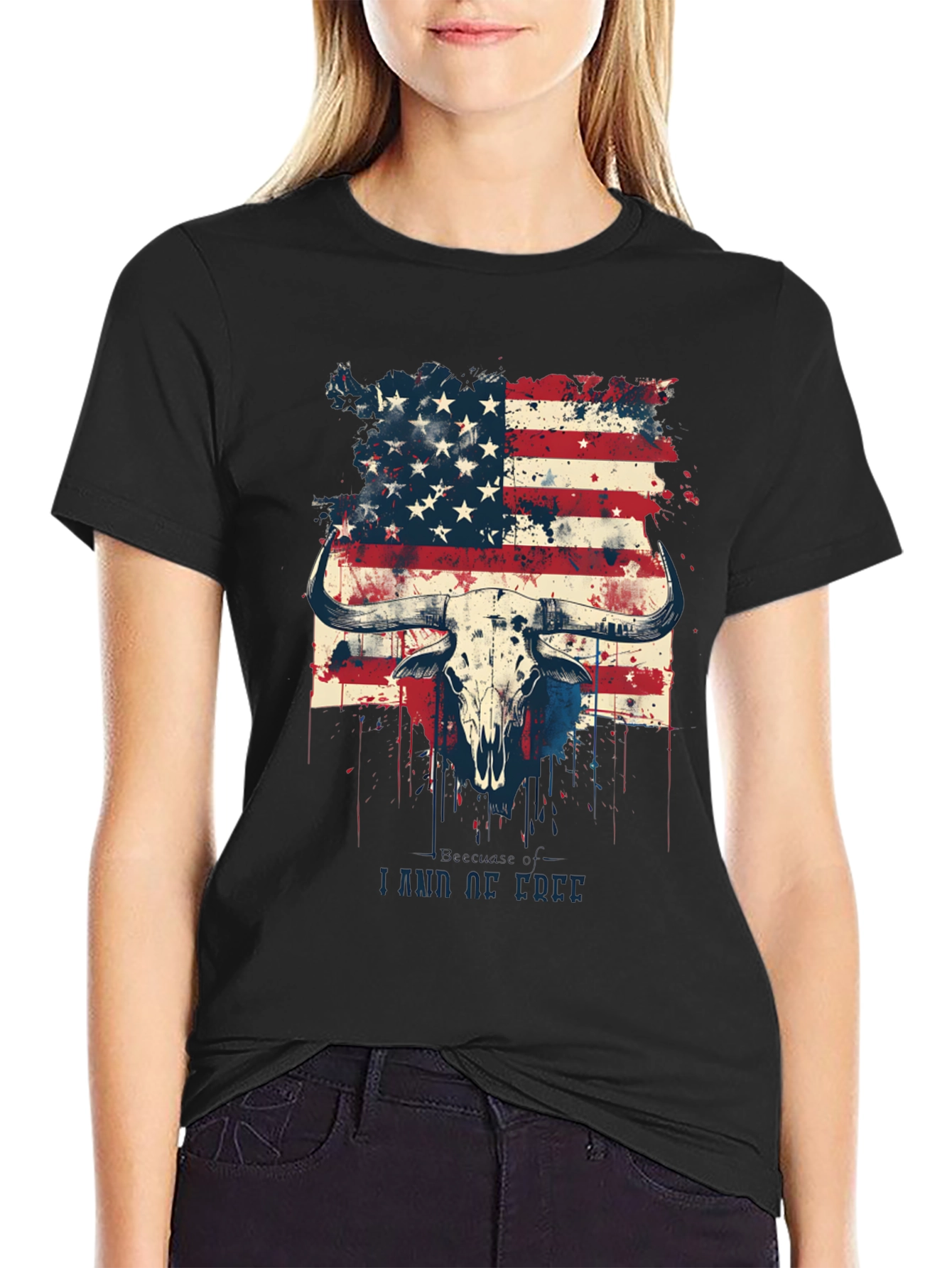 American Flag Bull Skull Graphic T-Shirt