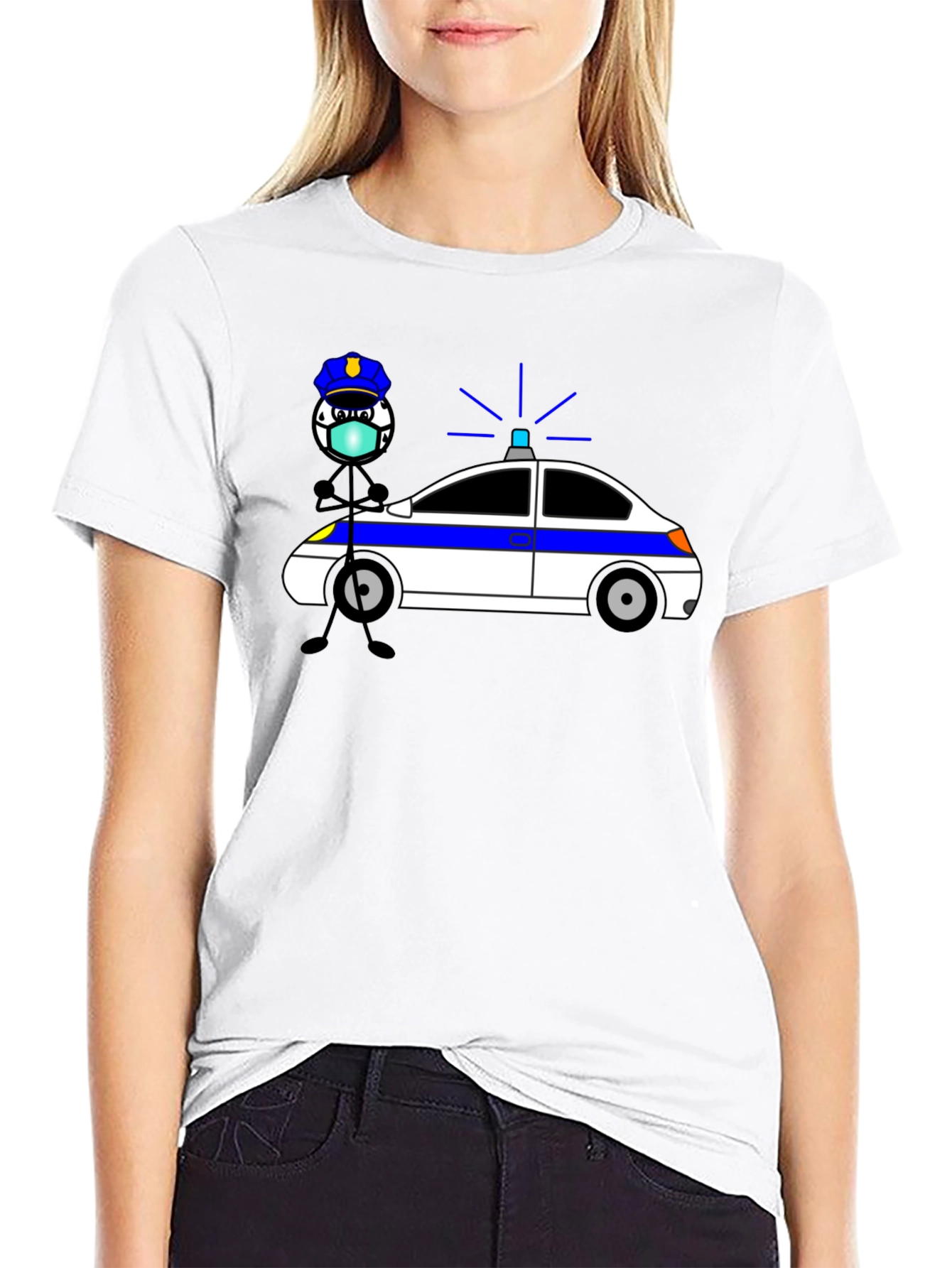 Police Cartoon Graphic T-Shirt - Black