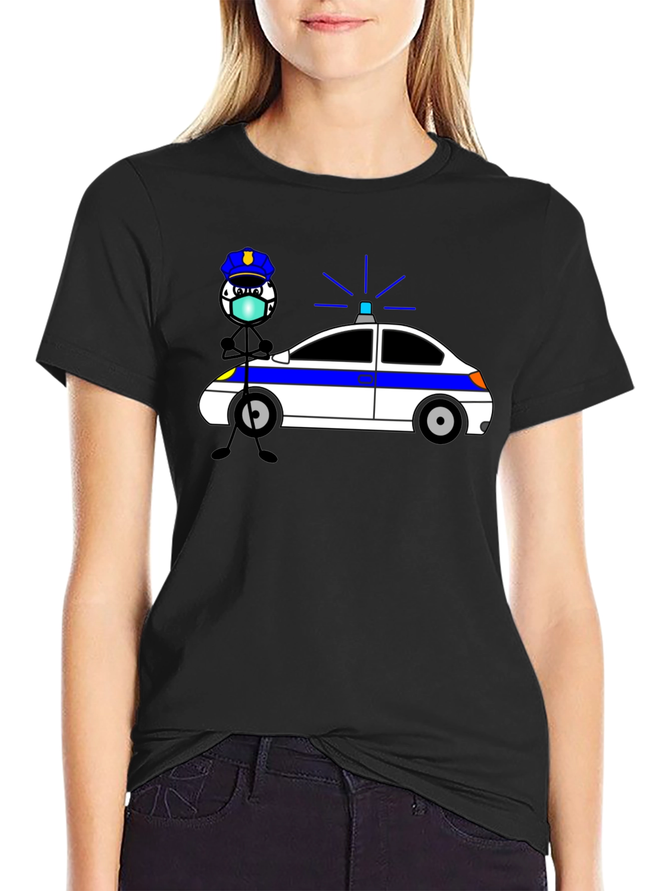 Police Cartoon Graphic T-Shirt - Black