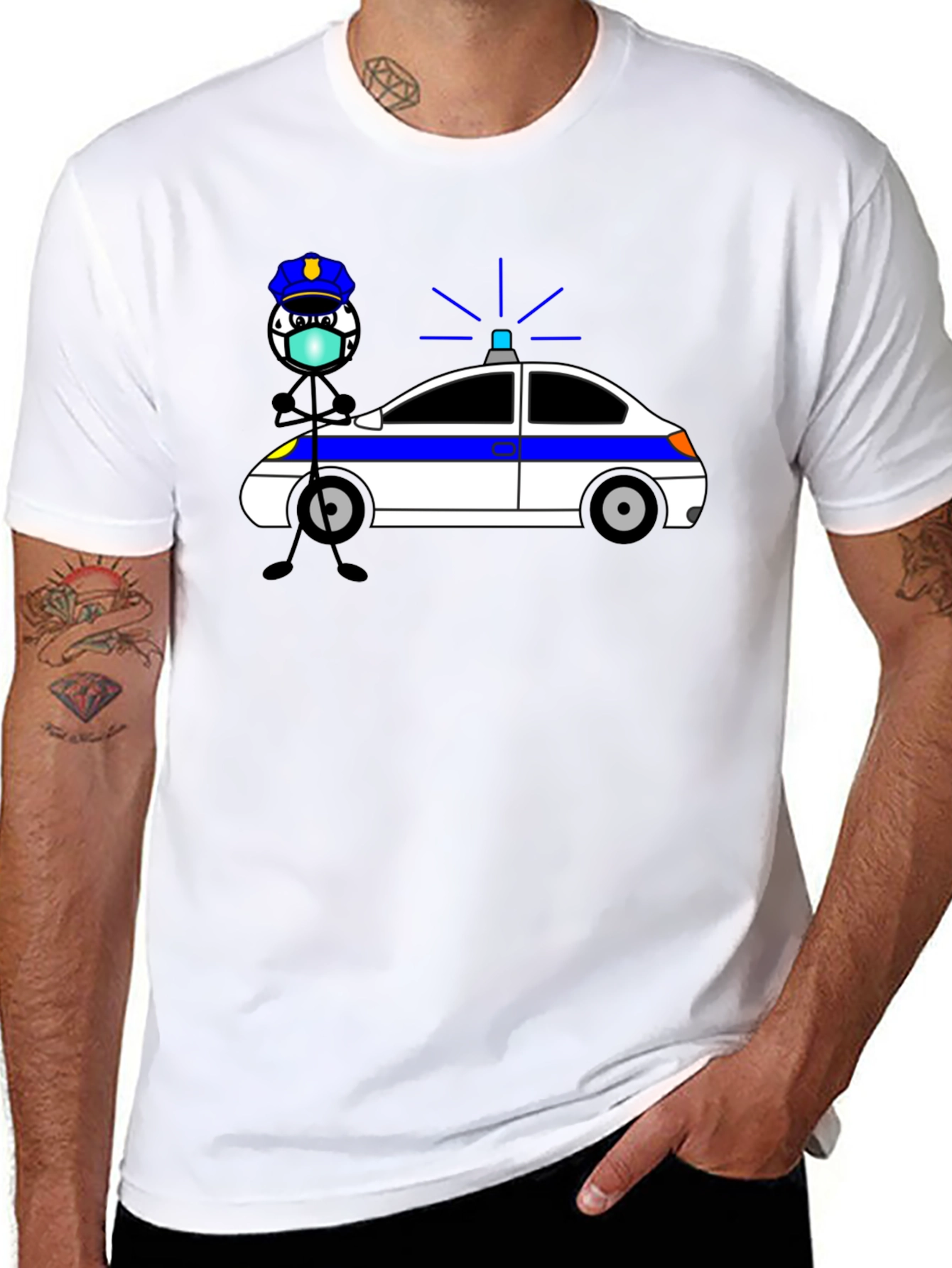 Police Cartoon Graphic T-Shirt - Black