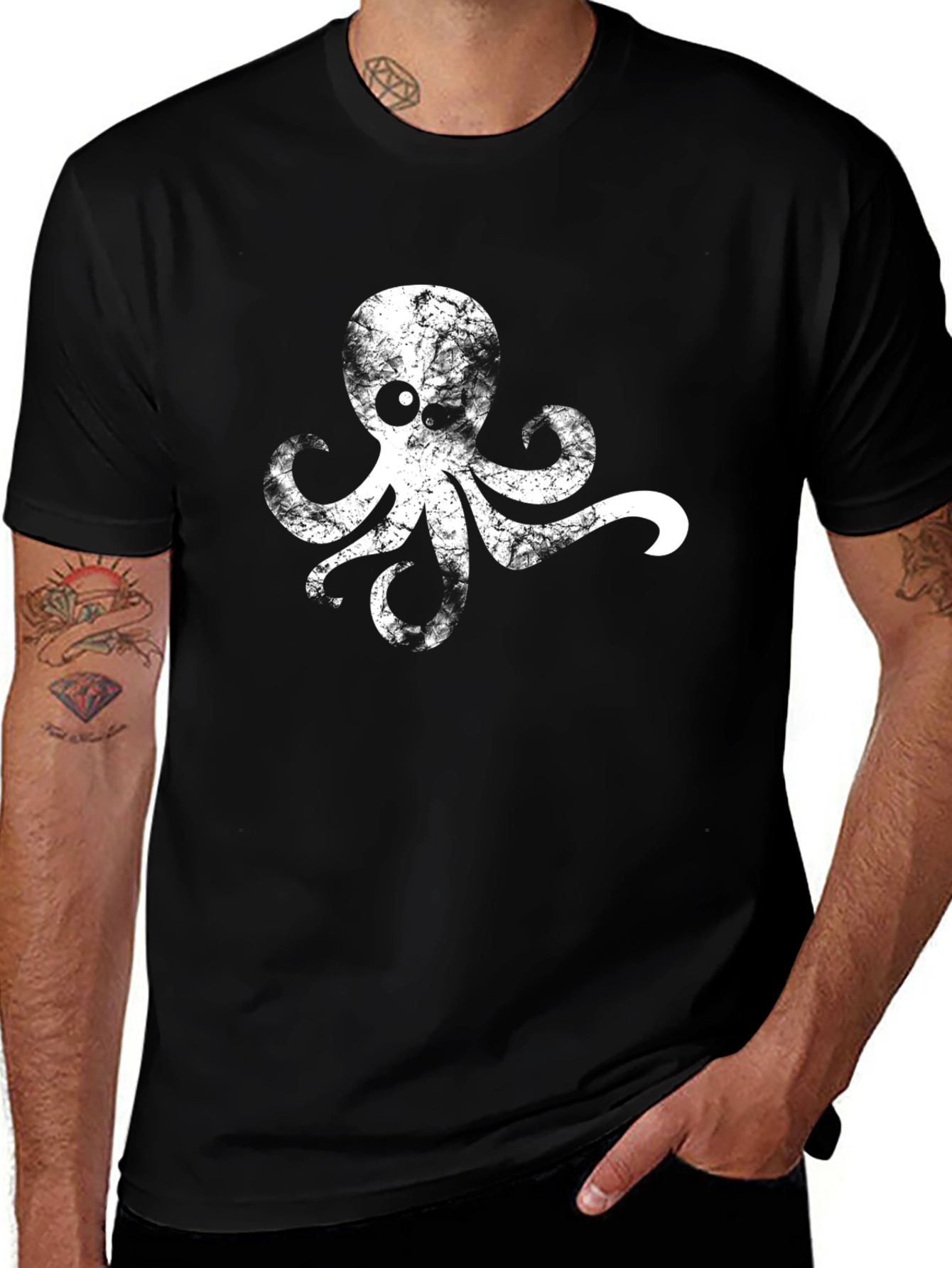 Grunge Octopus Graphic Tee - Black Cotton
