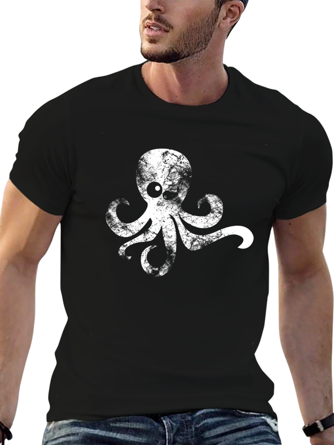 Grunge Octopus Graphic Tee - Black Cotton