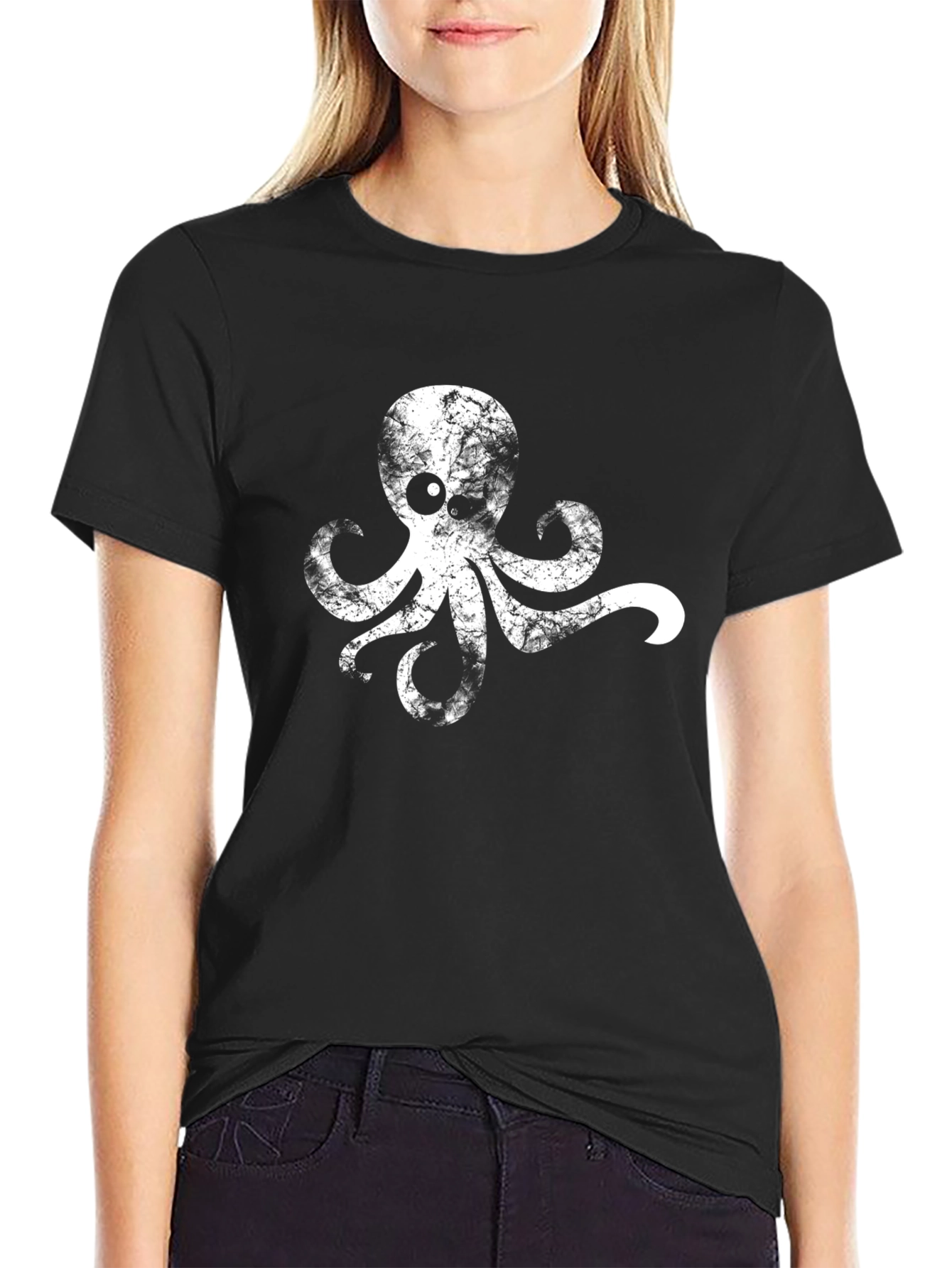Grunge Octopus Graphic Tee - Black Cotton