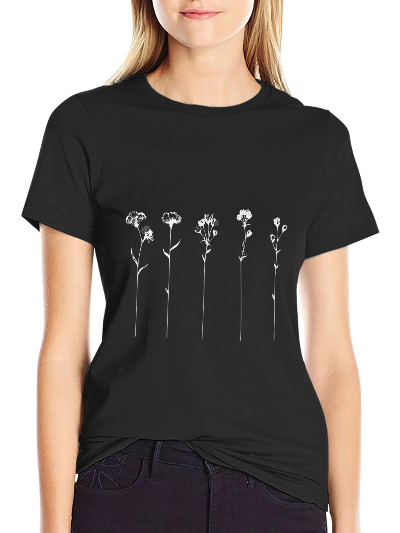 Floral Line Art Black T-Shirt