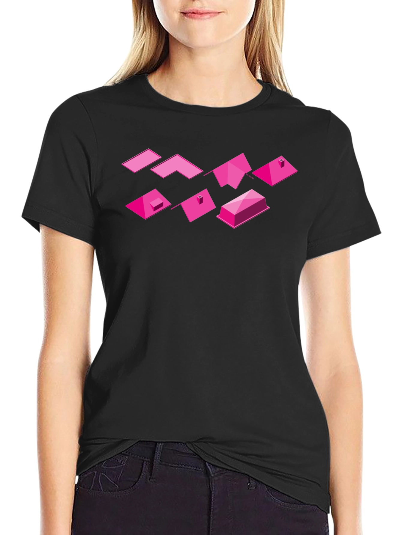 Geometric Pink Roofs Black T-Shirt