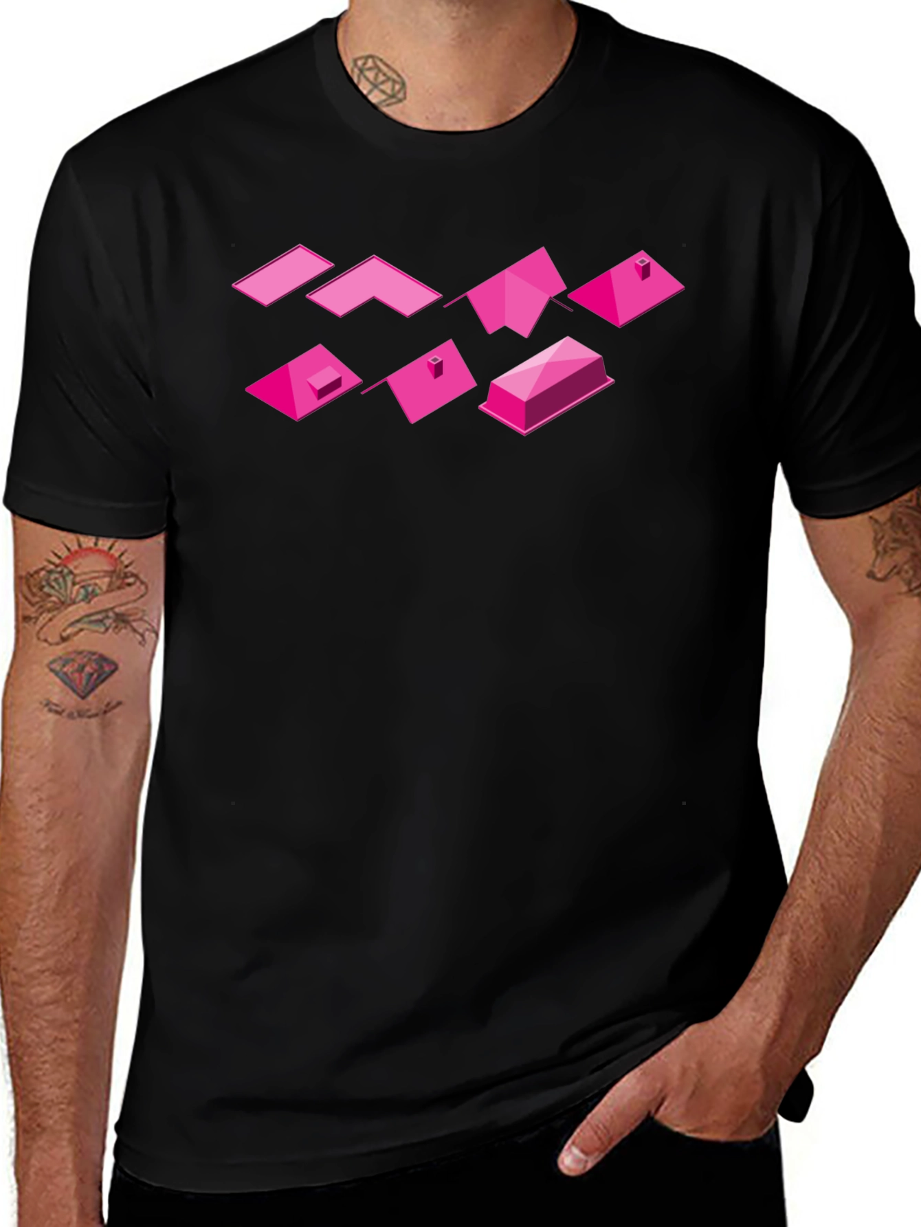 Geometric Pink Roofs Black T-Shirt
