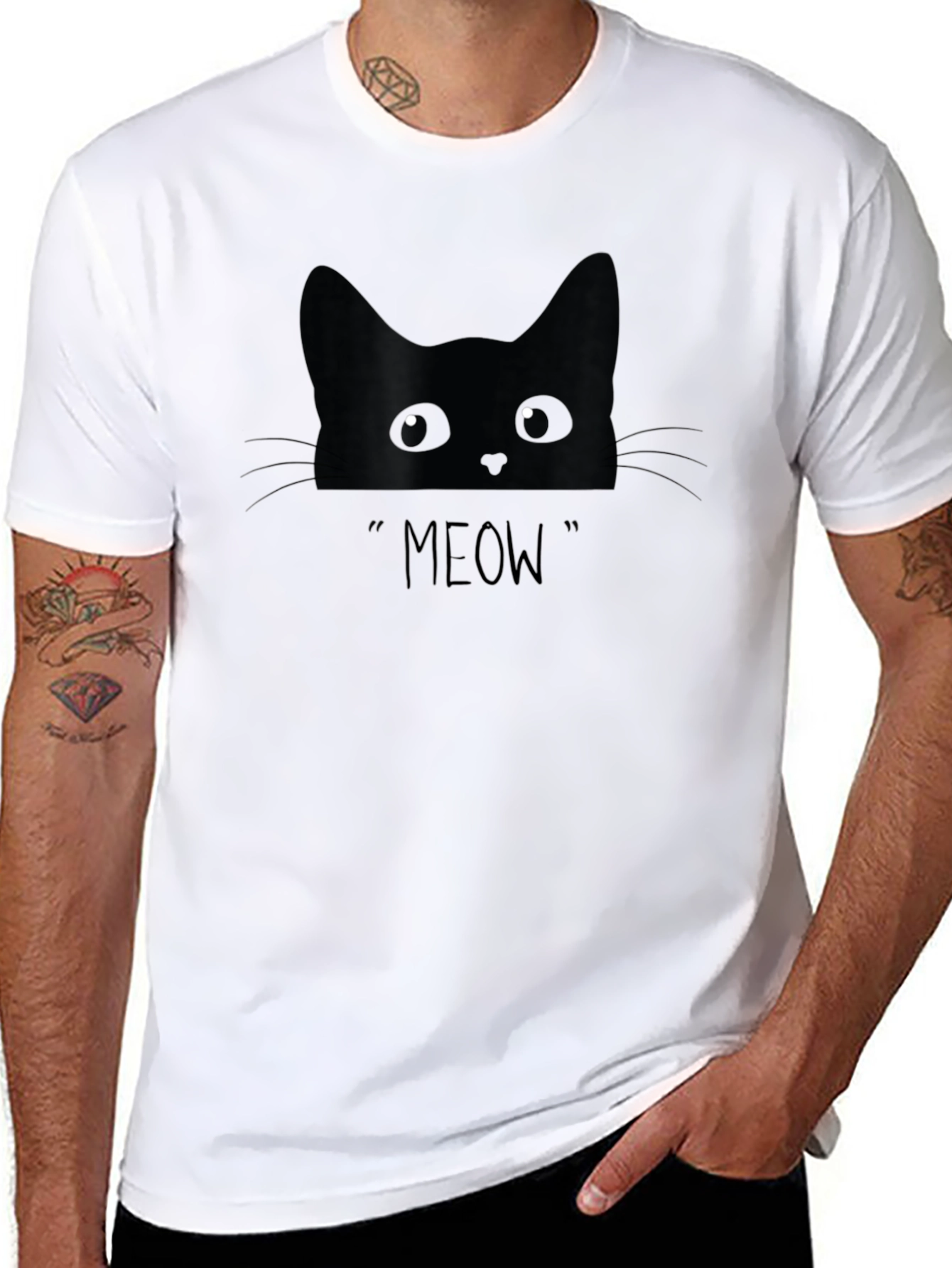 Black Cat Meow Graphic Tee - Trendy Casual Shirt