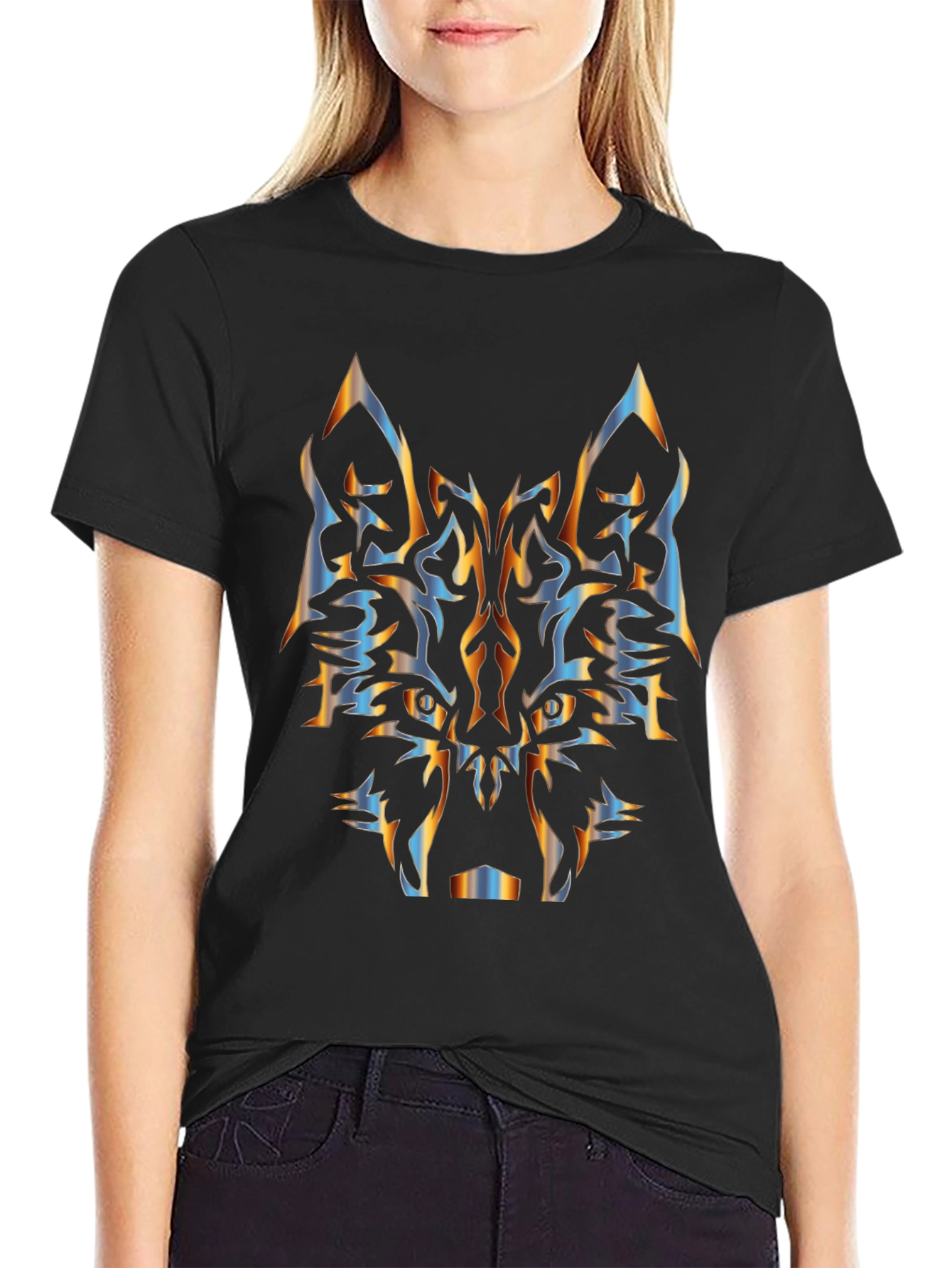 Tribal Wolf Graphic Black T-Shirt