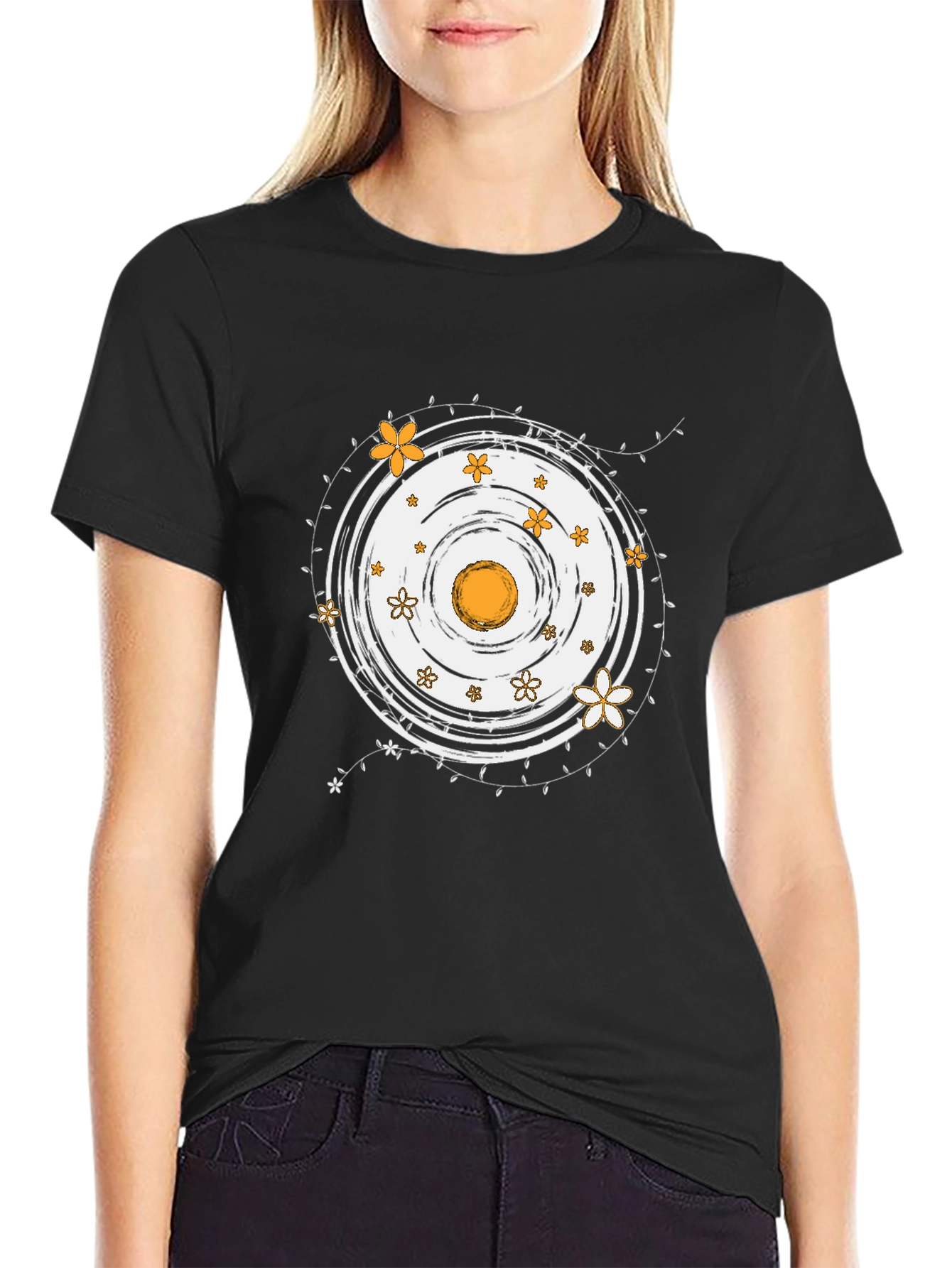 Floral Circle Graphic Black Tee