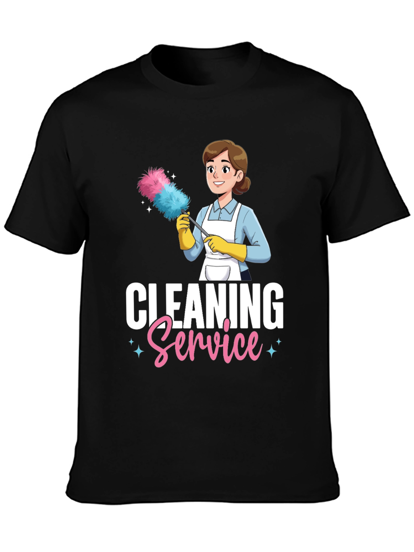 Cleaning Service Cartoon Graphic T-Shirt - Black