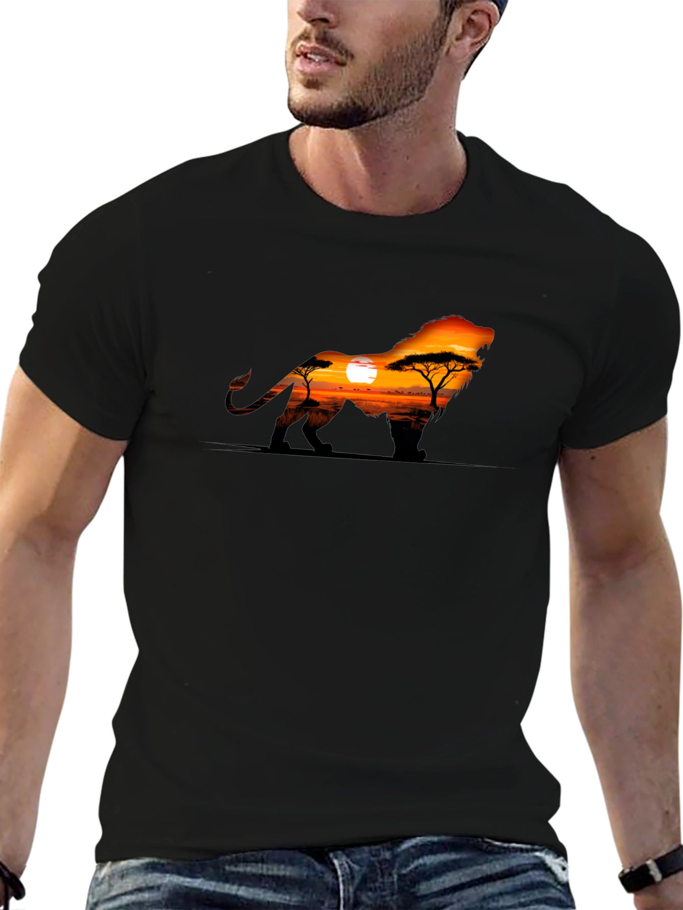 Lion Sunset Graphic Black T-Shirt