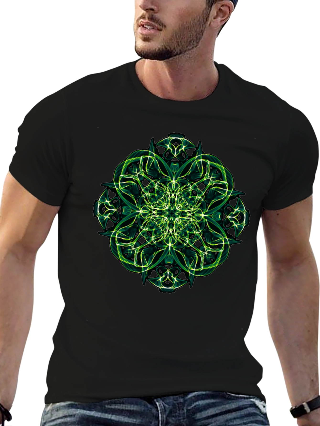 Green Fractal Design Black T-Shirt