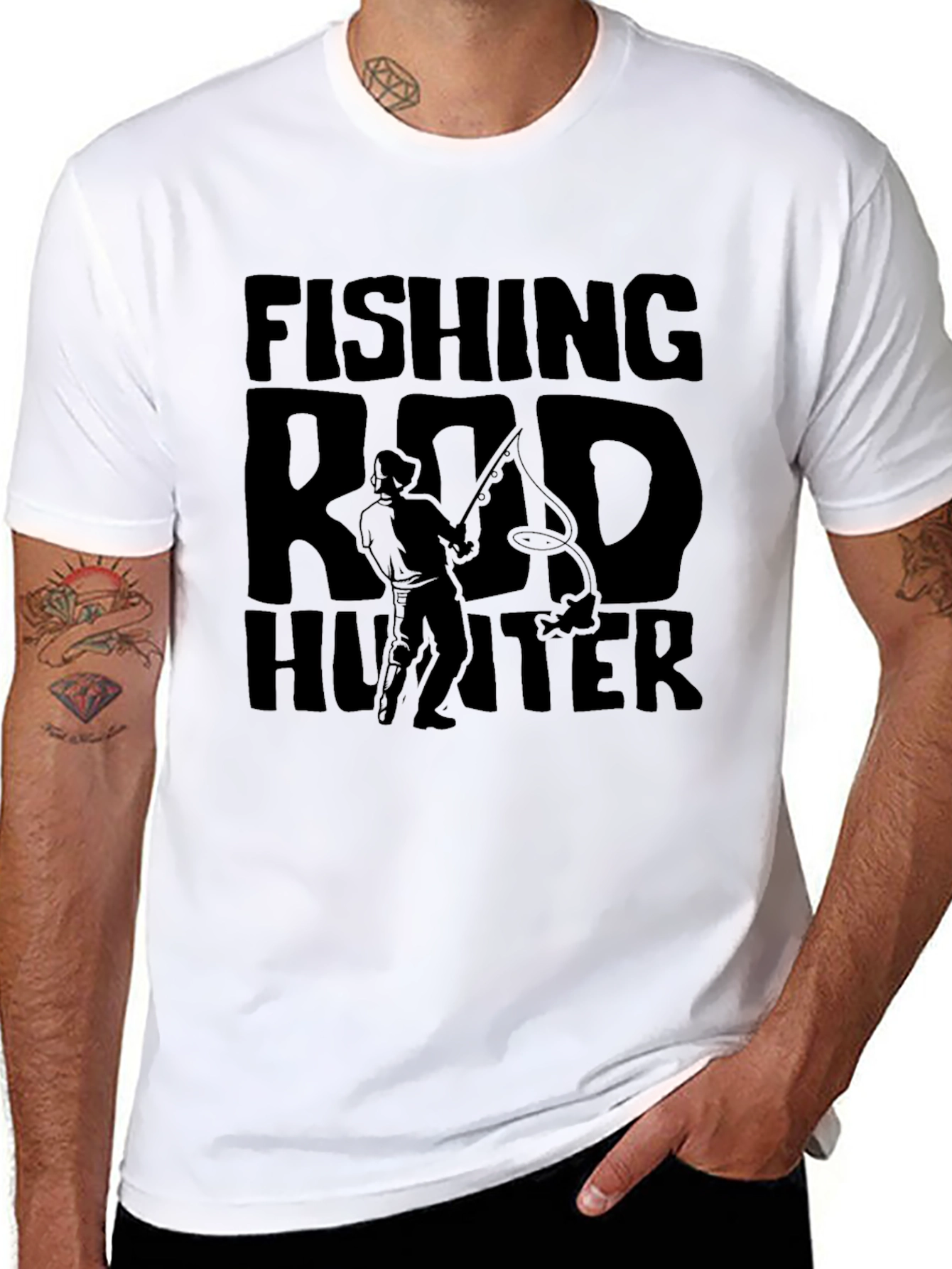Fishing Rod Hunter Graphic T-Shirt - Black Cotton Tee