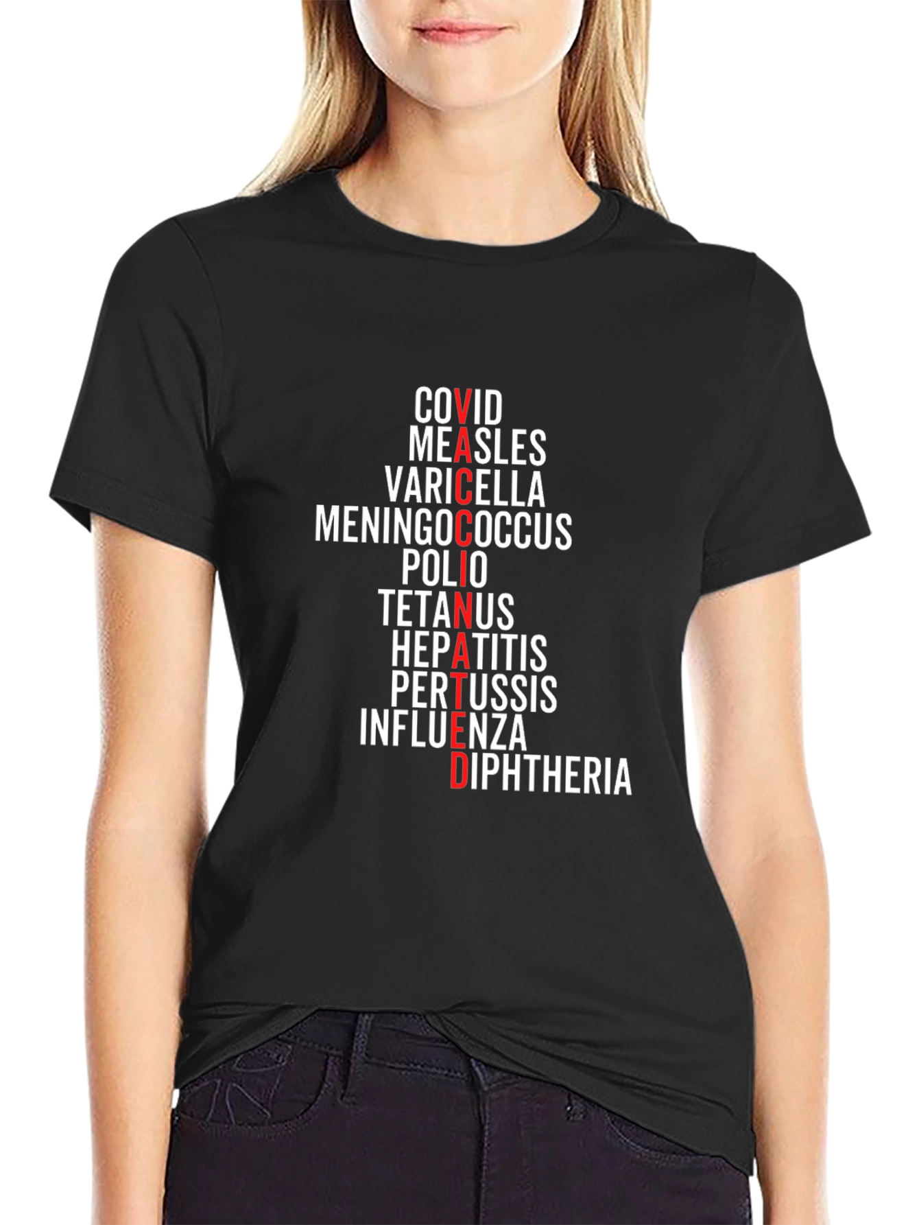 Vaccinated Diseases T-Shirt - Black Crew Neck Tee