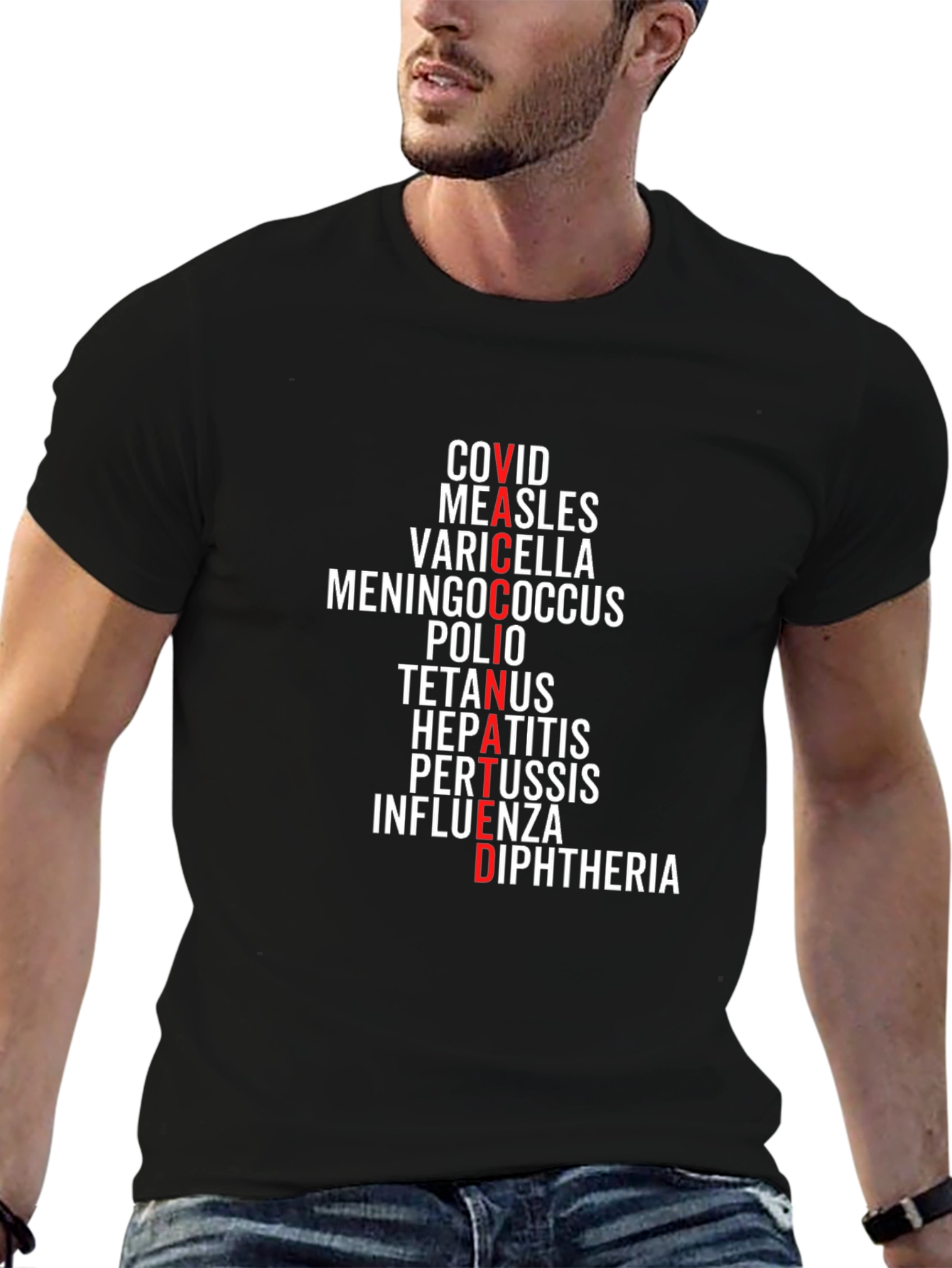 Vaccinated Diseases T-Shirt - Black Crew Neck Tee