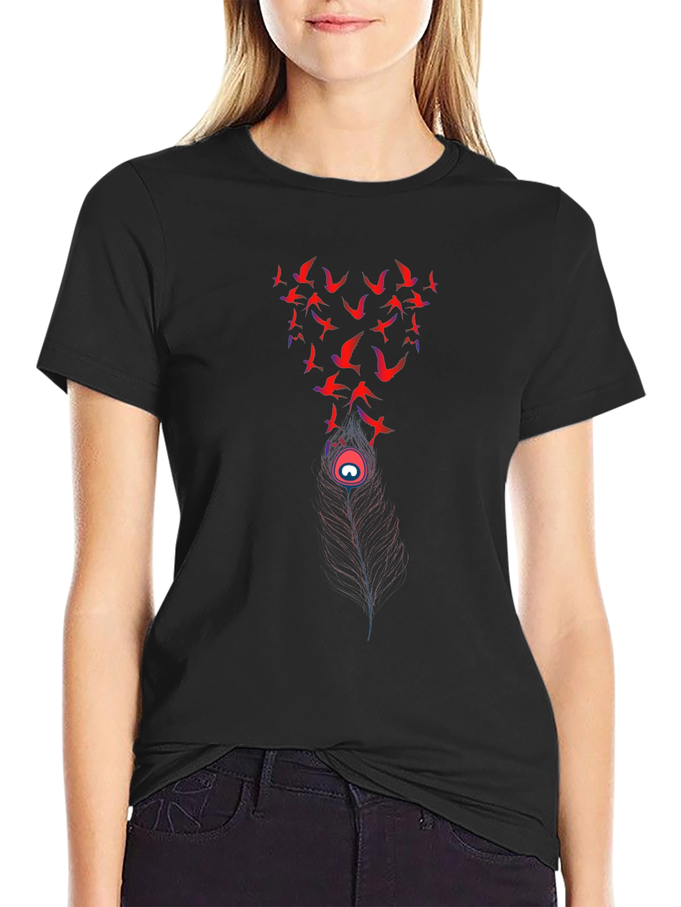 Birds & Feather Graphic Black Tee