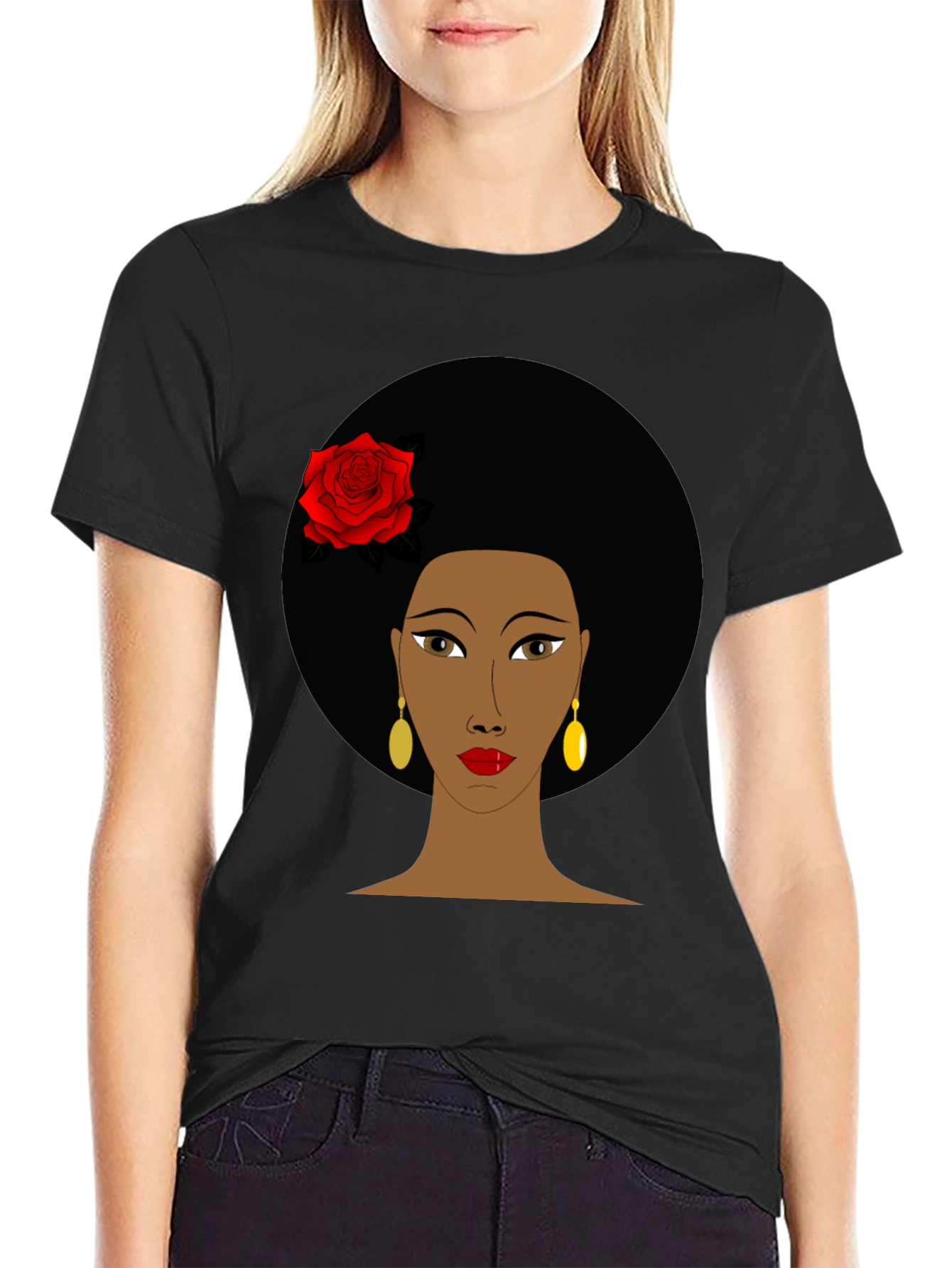 Afro Woman Rose Graphic Tee - Stylish Black T-Shirt